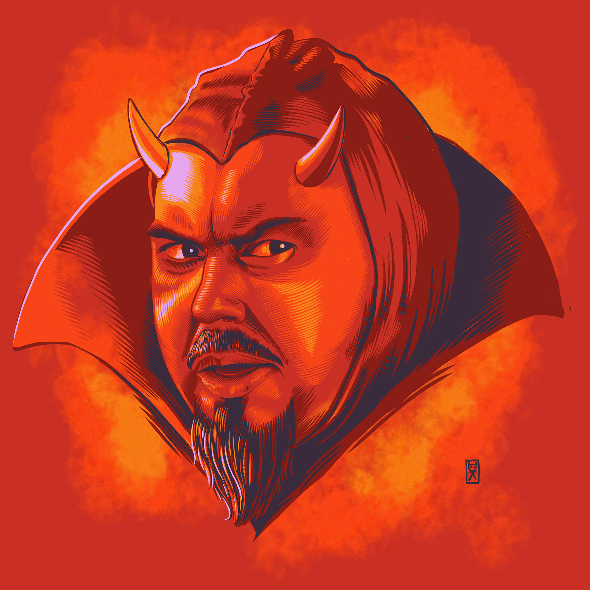 約翰·卡尼 魔幻藝術肖像 壁紙 — 一個帶有角和披風的威脅性惡魔，在熾熱的橙色背景下強烈凝視。
