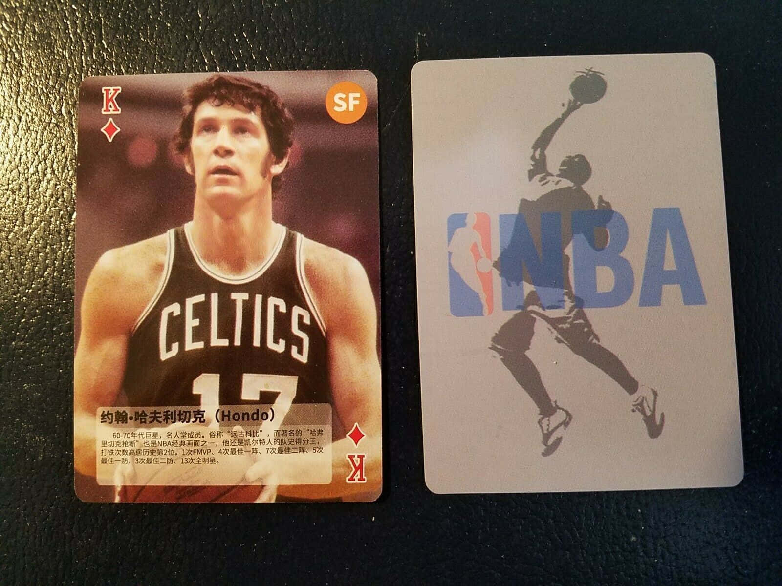 約翰·哈維切克NBA交易卡 壁紙 — 兩張NBA球星卡，一張展示身穿黑色球衣的塞爾特人球員，另一張展示在NBA標誌上扣籃的剪影。