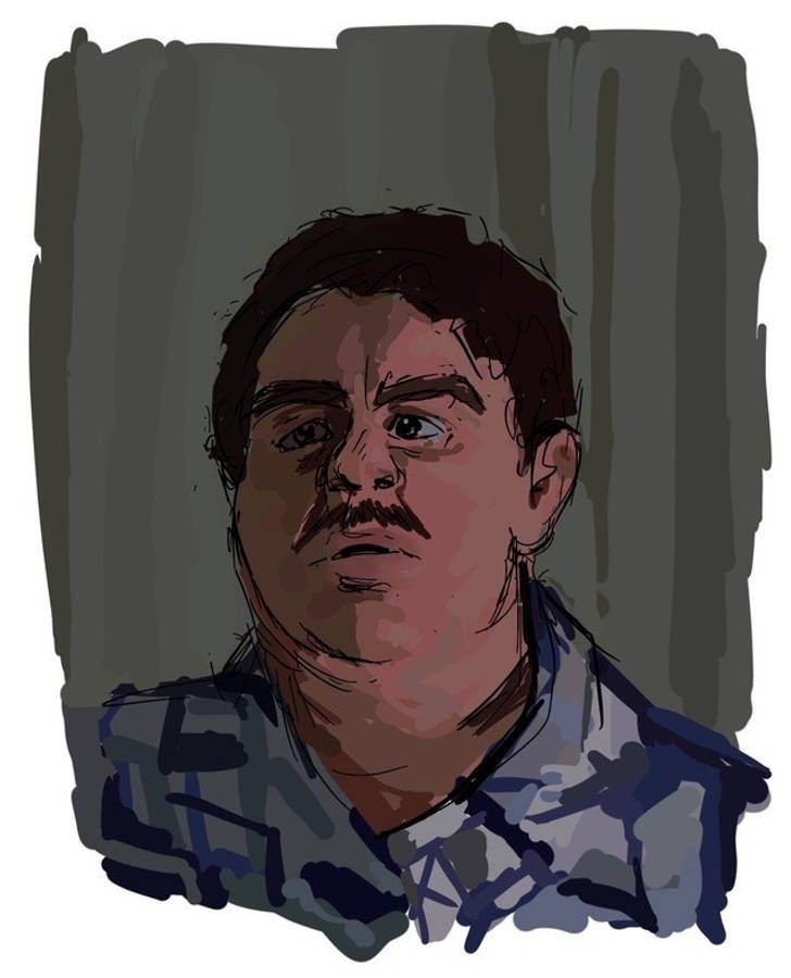 約翰·坎迪卡通藝術 壁紙 — 一幅風格化的數位插圖，描繪一位留鬍子的男士穿著格仔襯衫，背景為灰色窗簾。