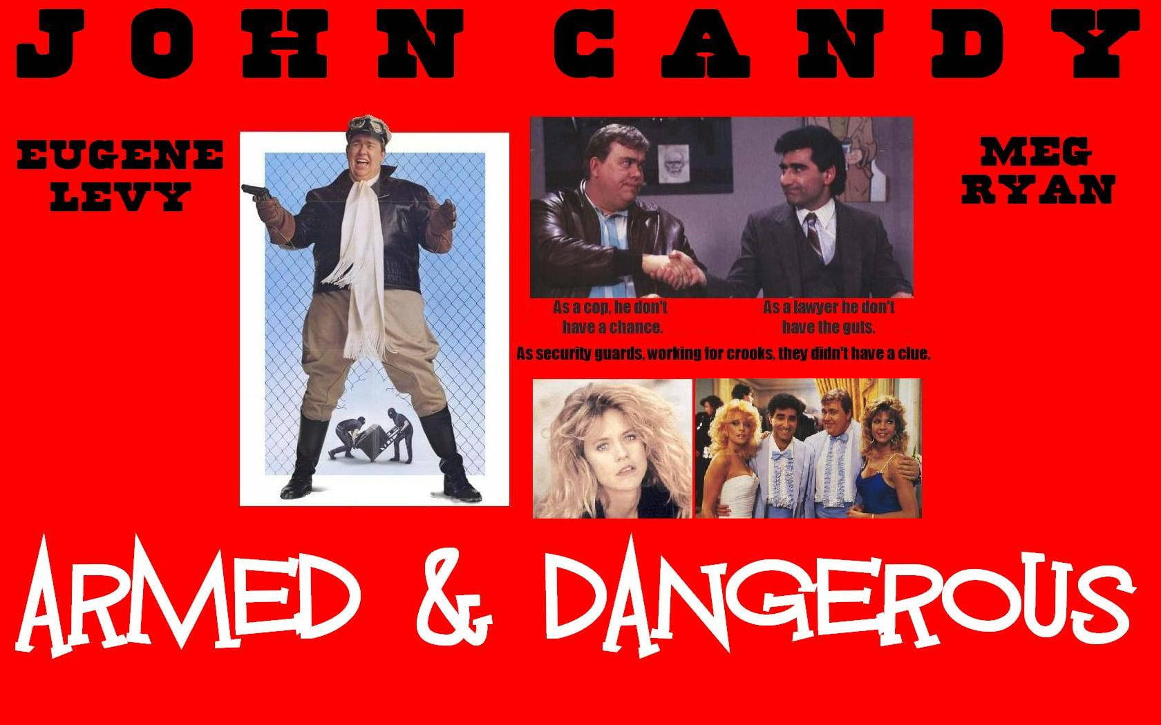 約翰·坎迪紅色背景 壁紙 — 《Armed & Dangerous》嘅大膽紅色電影海報，由John Candy、Eugene Levy同Meg Ryan主演，充滿搞笑動作場面。