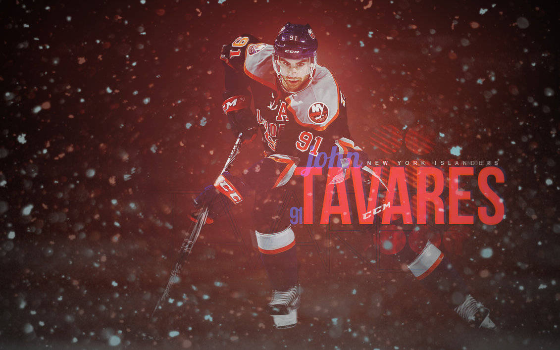 冰球運動員 John Tavares 身穿島民隊裝備在雪中滑冰。