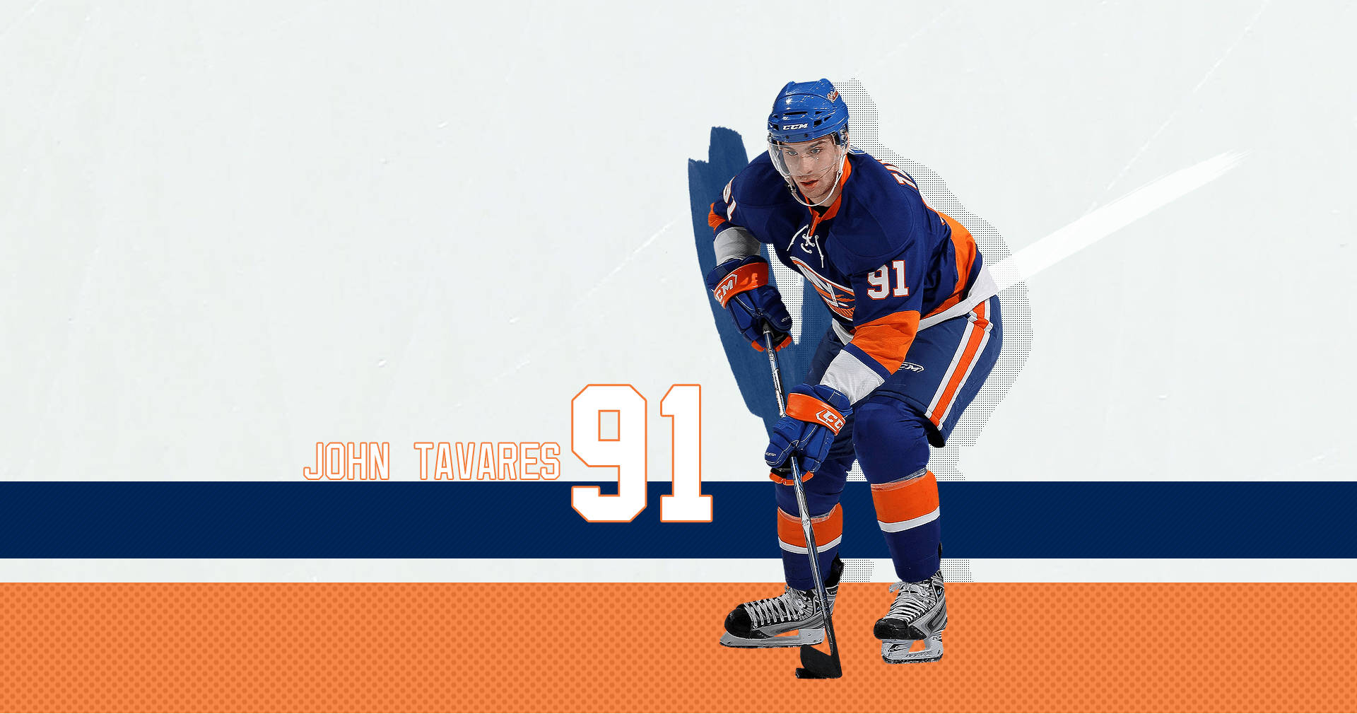 約翰·塔瓦雷斯紐約島人隊粉絲藝術畫 壁紙 — 冰球運動員 John Tavares 身穿藍橙色制服，蹲在冰上，手持球桿，下方有粗體數字 91 圖案。