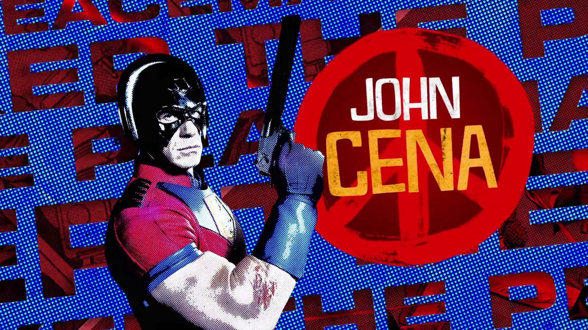 摔角手 John Cena 手持球棒，背景為大膽的紅藍像素風格，他的名字在圓圈中。