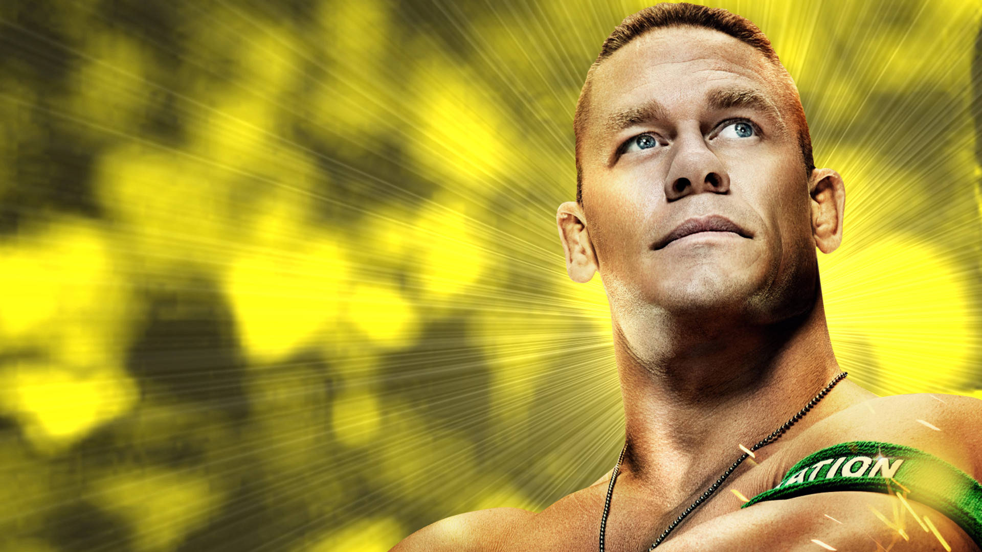 摔角手 John Cena 帶着綠色 Nation 臂章，在發光的黃色背景前。