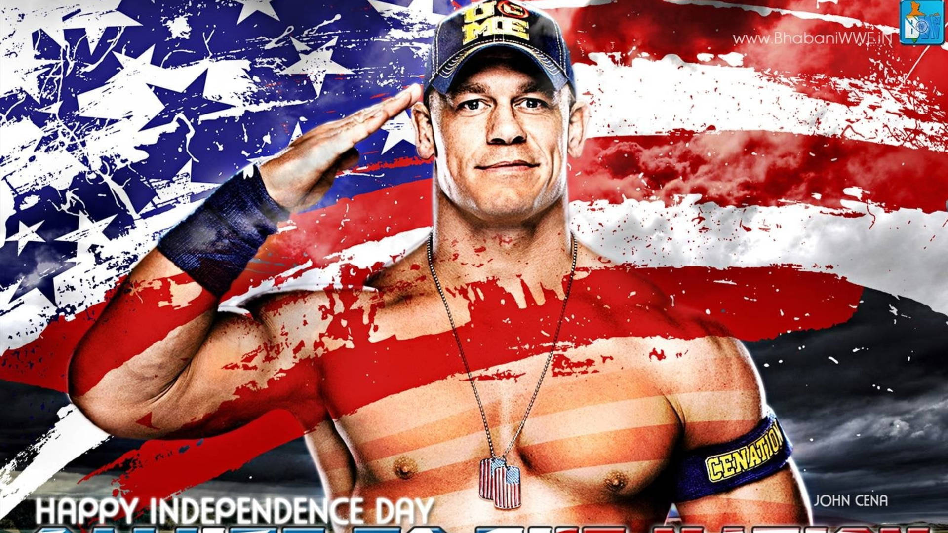 摔角手 John Cena 喺愛國嘅美國國旗設計前敬禮。
