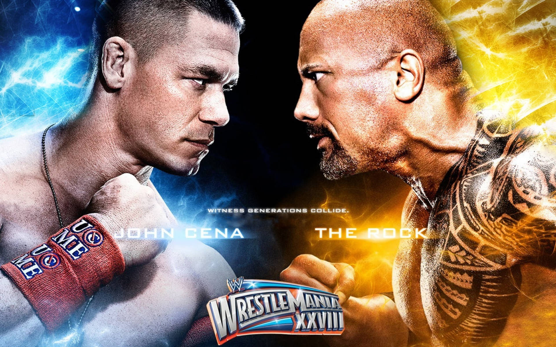 WWE摔角手約翰·辛納和巨石強森在摔角狂熱XXVIII的對峙海報中。