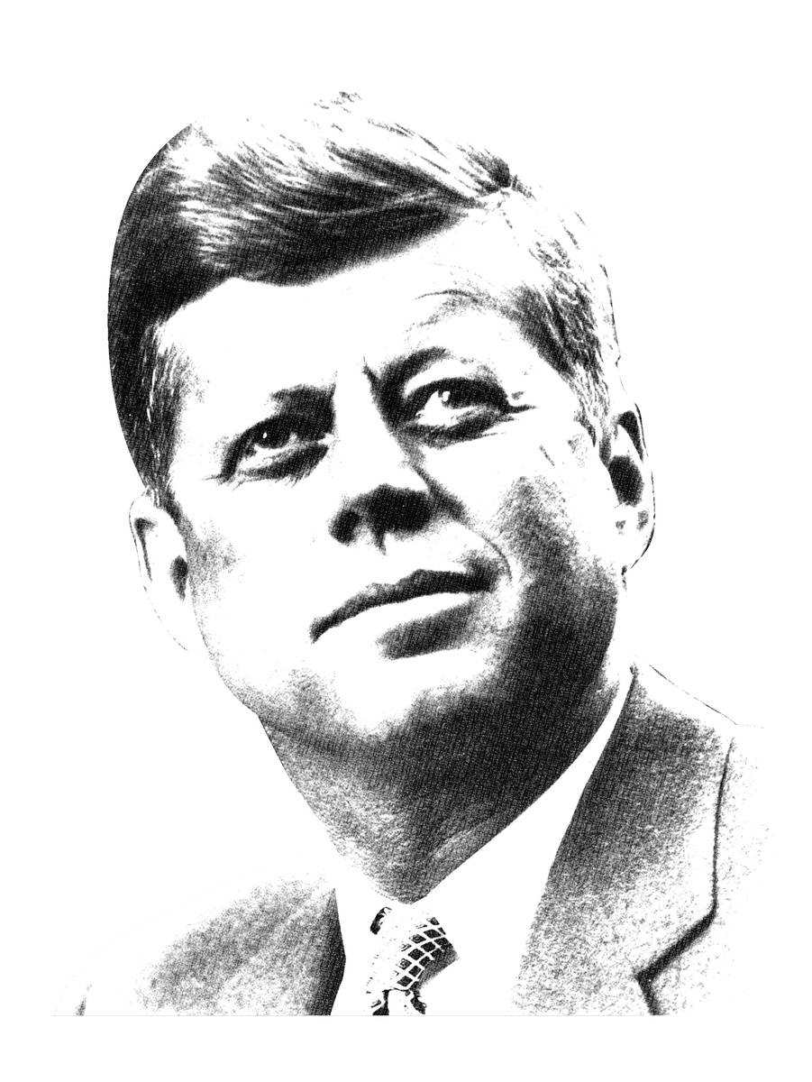 約翰·肯尼迪素描 壁紙 — 約翰·F·甘迺迪身穿西裝打領帶，表情嚴肅向上望的黑白肖像。