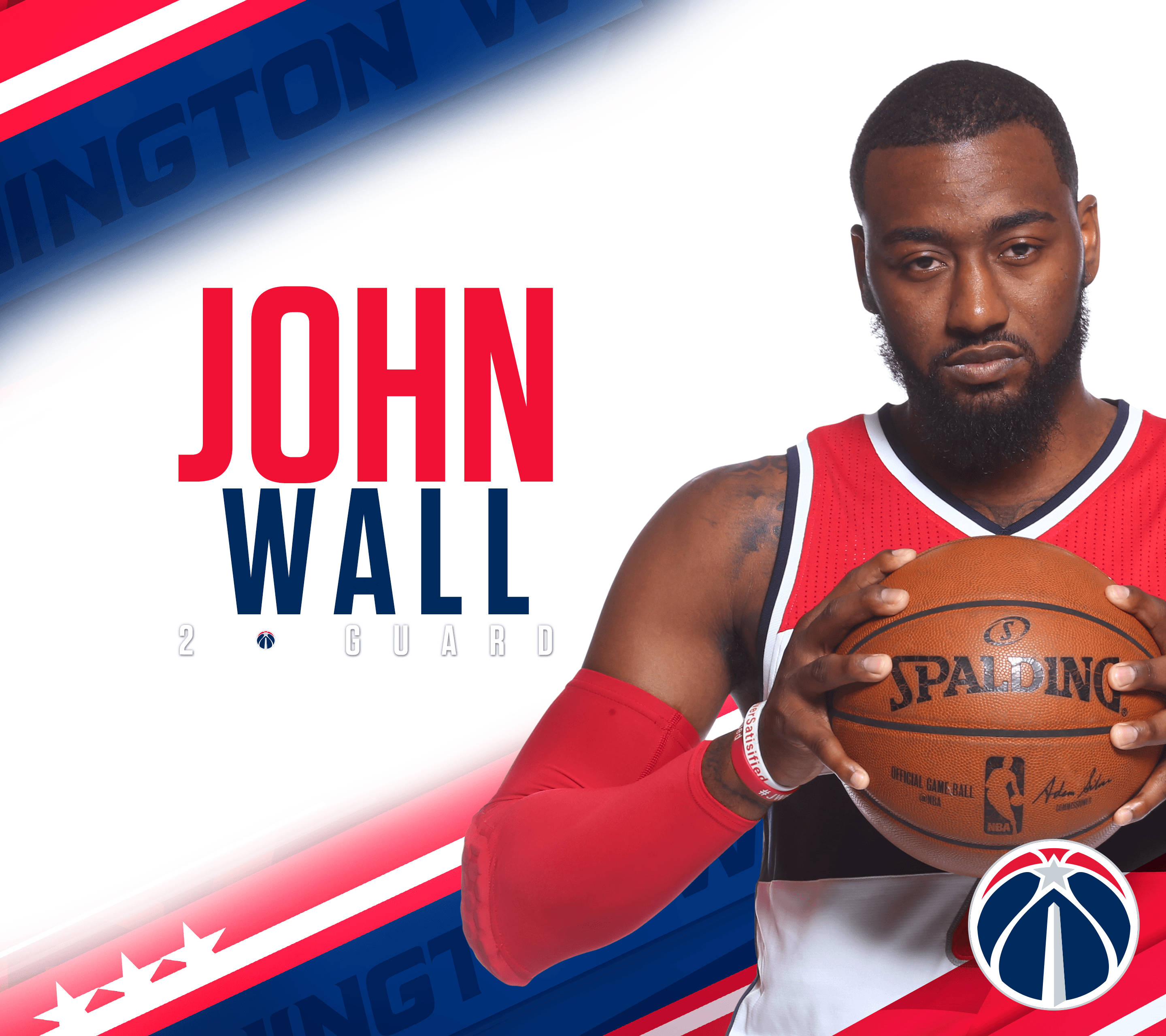 約翰·華爾巫師隊球員 壁紙 — 職業籃球運動員John Wall身穿華盛頓巫師隊球衣，在紅白藍圖形背景前手持Spalding籃球。