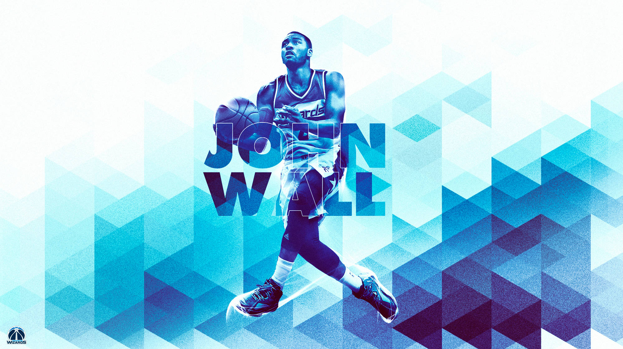 約翰·華爾幾何圖案設計 壁紙 — 籃球運動員 John Wall 正在運球，背景為充滿活力的藍色幾何圖案，他的名字以風格化字體顯示在身後。