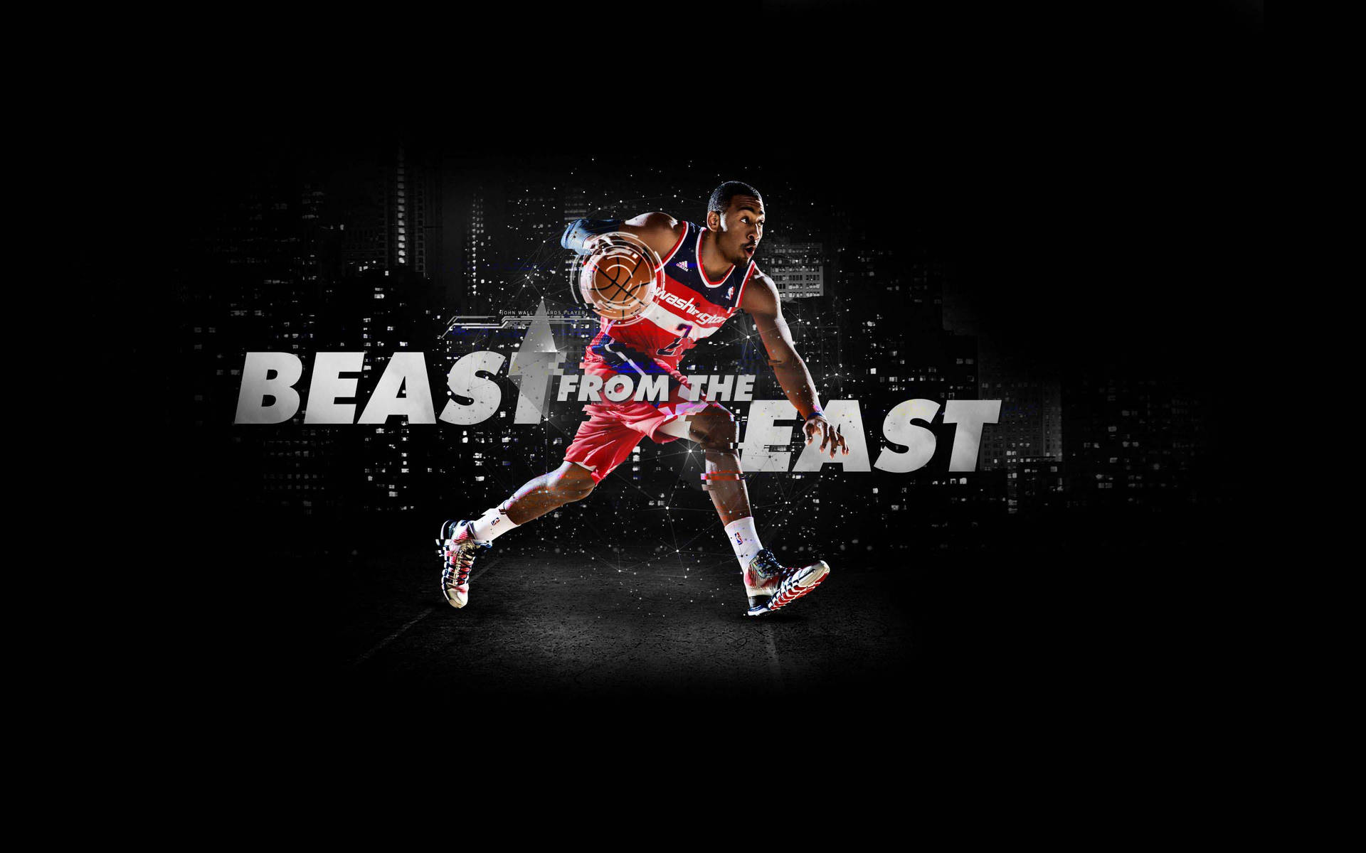 身穿紅色球衣的運動員在黑暗的城市天際線背景下，帶着「BEAST FROM THE EAST」運球。