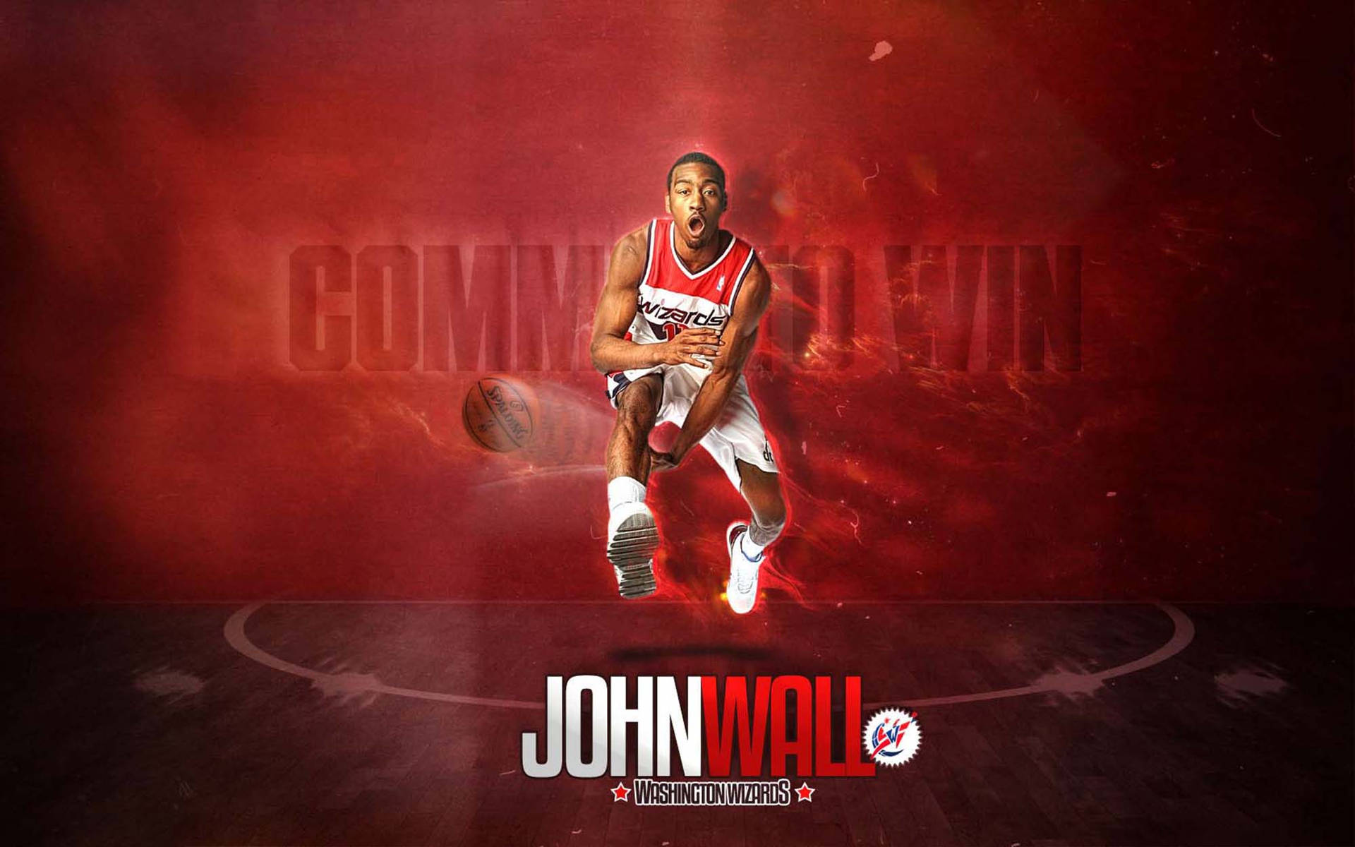 職業籃球運動員 John Wall 在火紅色背景下的動作姿勢。