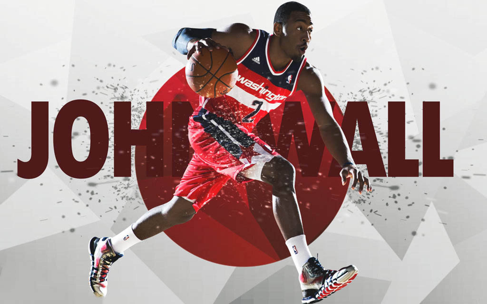 約翰·華爾粉絲藝術 壁紙 — 籃球運動員 John Wall 身穿紅色華盛頓球衣，在幾何背景前以動態運球。