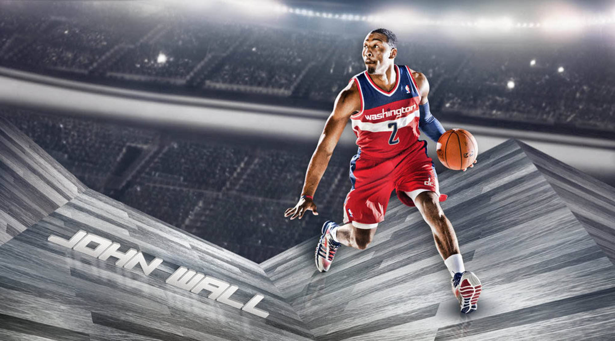 約翰·華爾視角藝術 壁紙 — 籃球運動員 John Wall 身穿紅色華盛頓球衣，在刻有他名字的風格化球場上空運球。