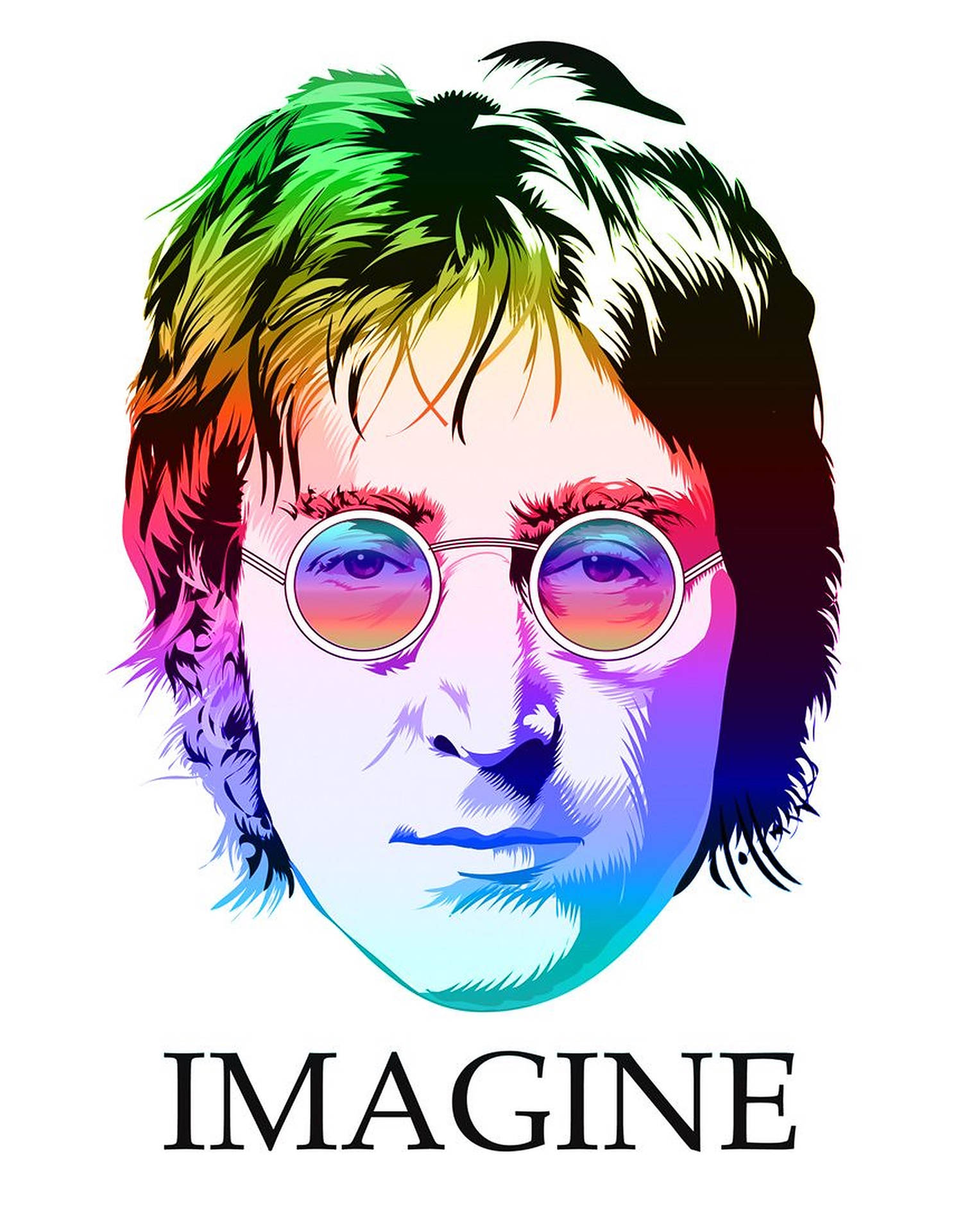 約翰·連儂的彩色插圖肖像，彩虹色頭髮和眼鏡，下方文字為「IMAGINE」。 — 約翰·連儂 GIF 壁紙