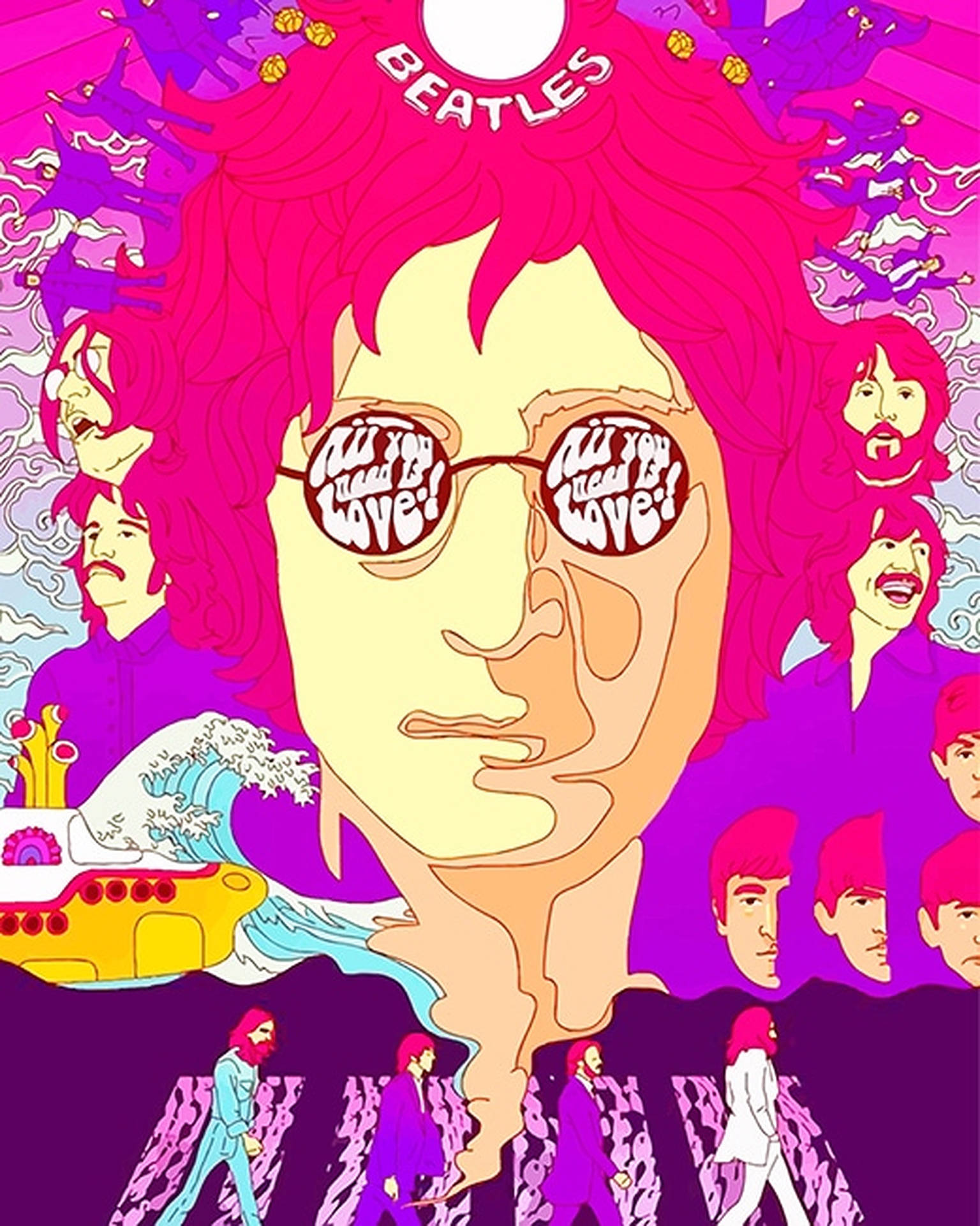 迷幻披頭四插圖，帶有標誌性圖像和「All You Need Is Love」眼鏡。 — 約翰·連儂 GIF 壁紙