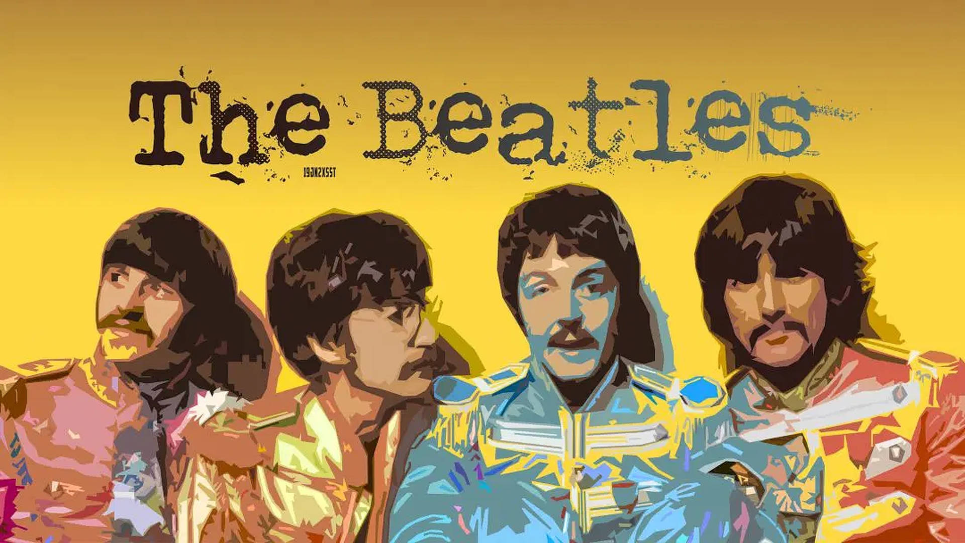 四個穿著彩色外套的男人，上方有「The Beatles」文字。 — 約翰·連儂 GIF 壁紙