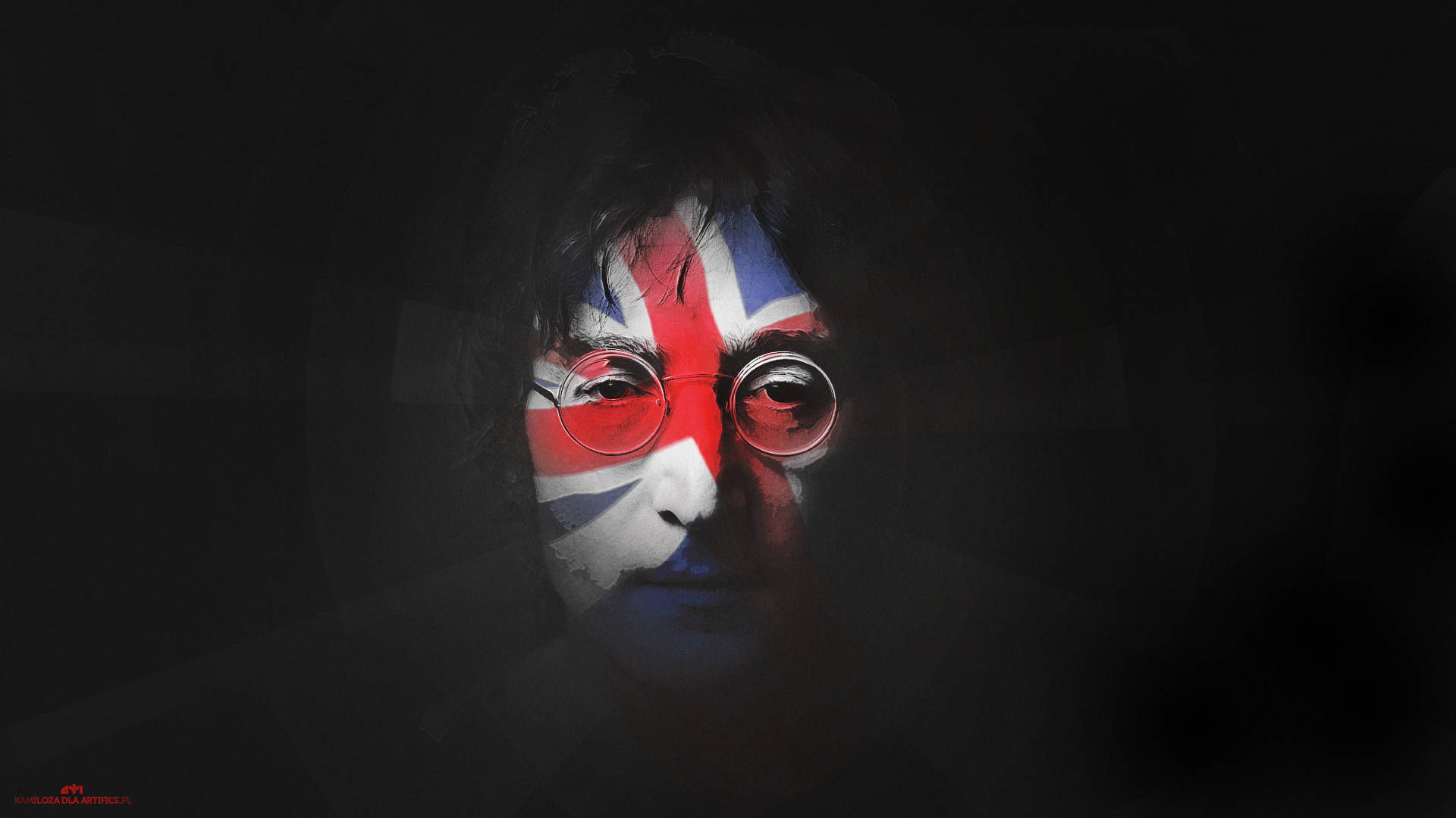 約翰·連儂的臉在黑暗環境中畫有英國國旗和圓框眼鏡。 — 約翰·連儂 GIF 壁紙