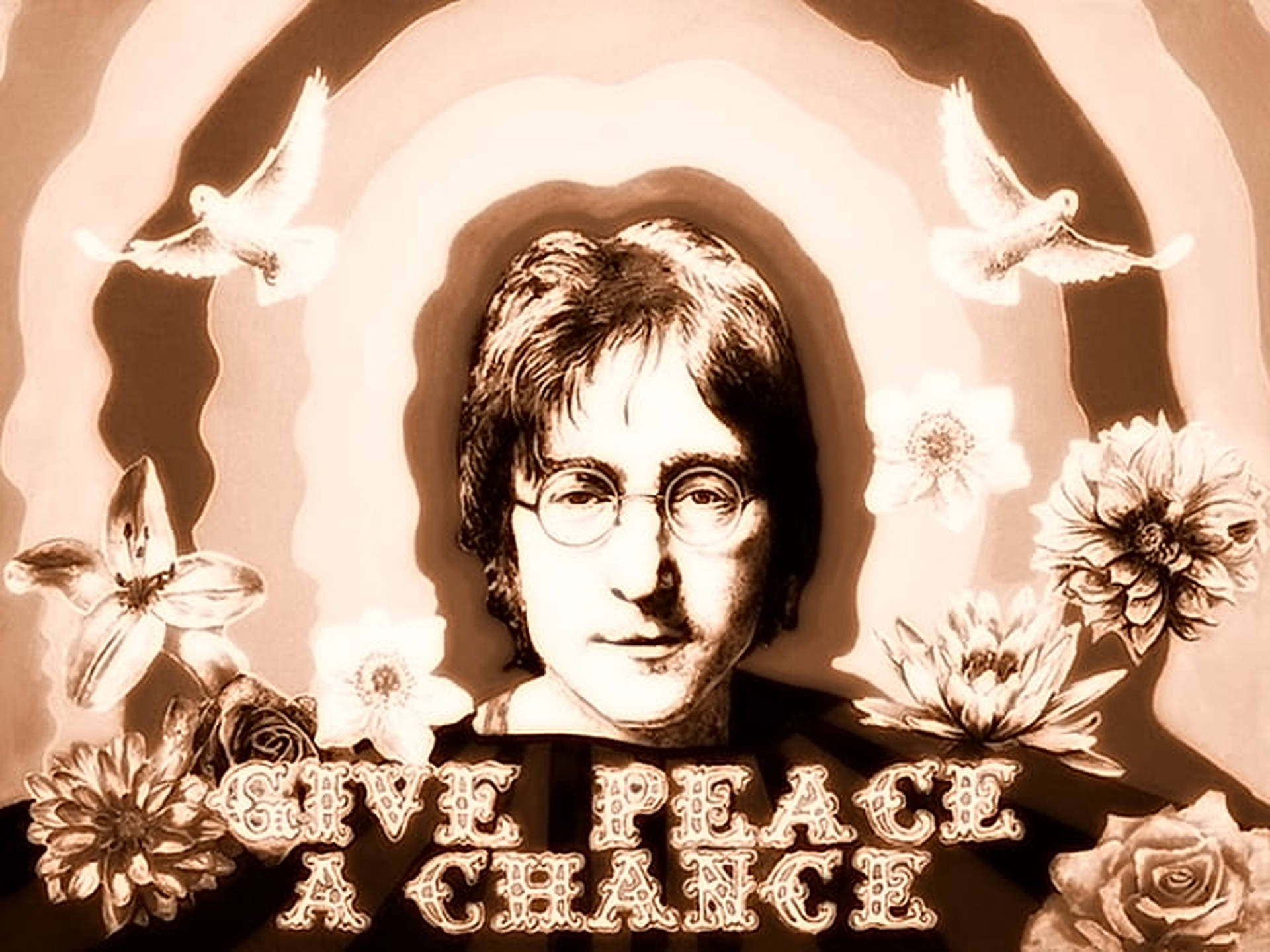 約翰·連儂肖像，附有鴿子、鮮花及「give peace a chance」文字 — 約翰·連儂 GIF 壁紙