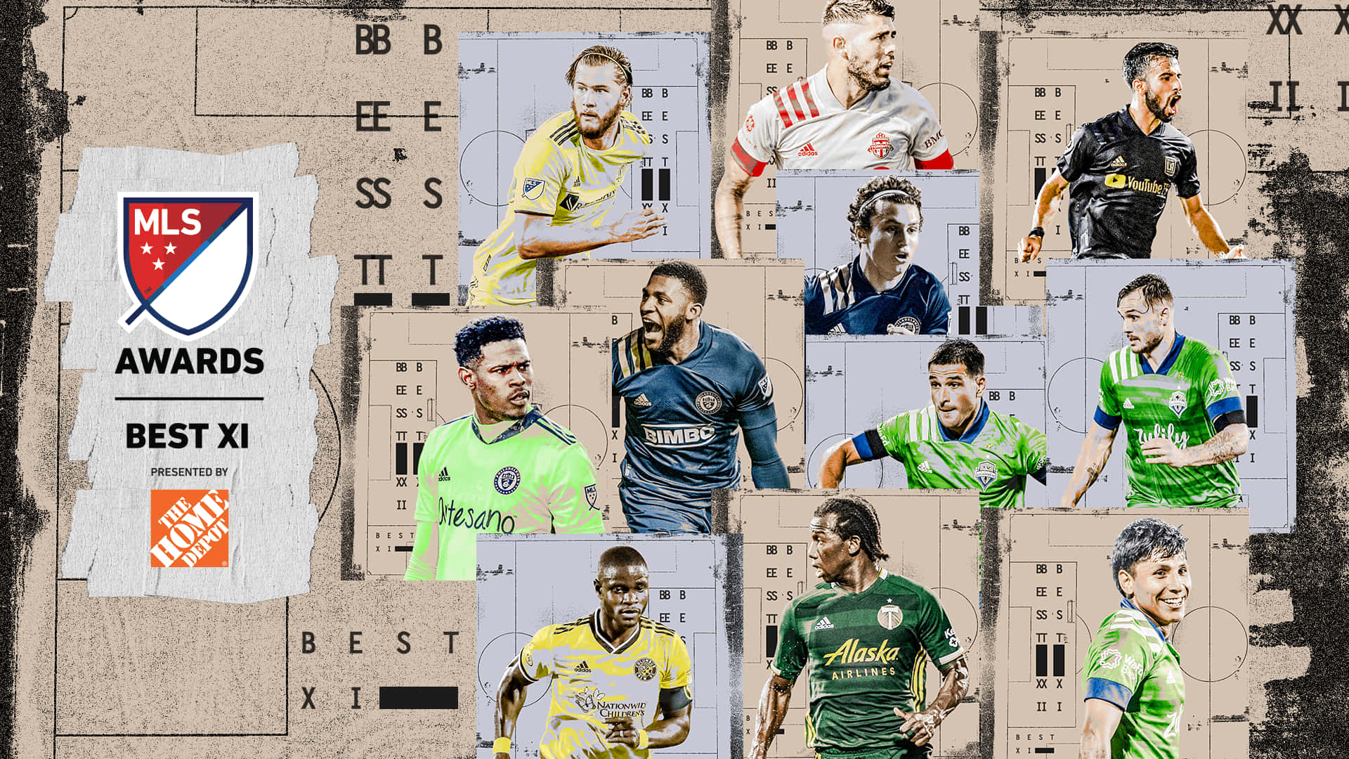 MLS Best XI足球運動員身穿球隊球衣，背景為帶有紋理的獎項拼貼畫。