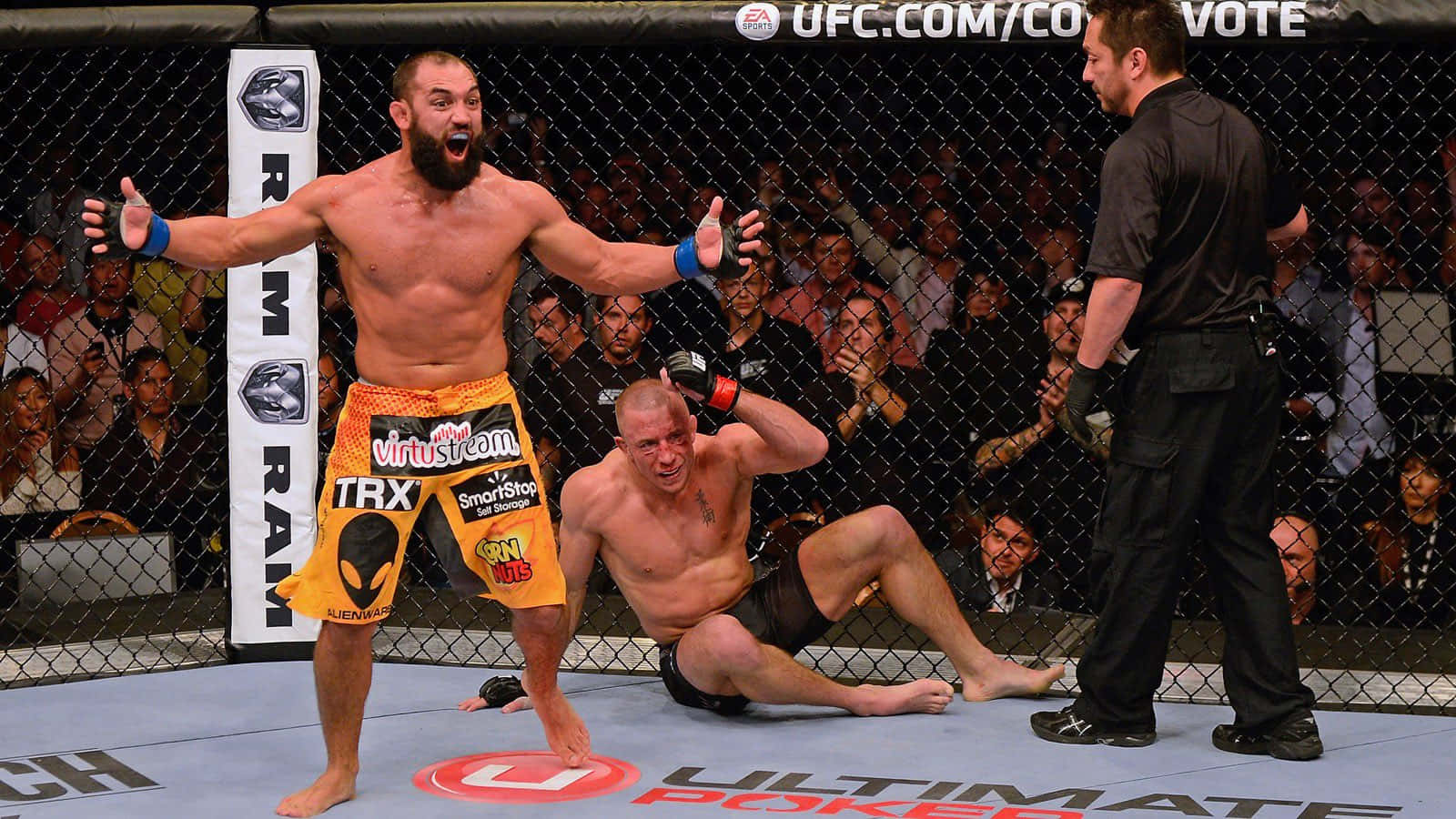 MMA拳手在八角籠中慶祝擊敗倒下的對手。