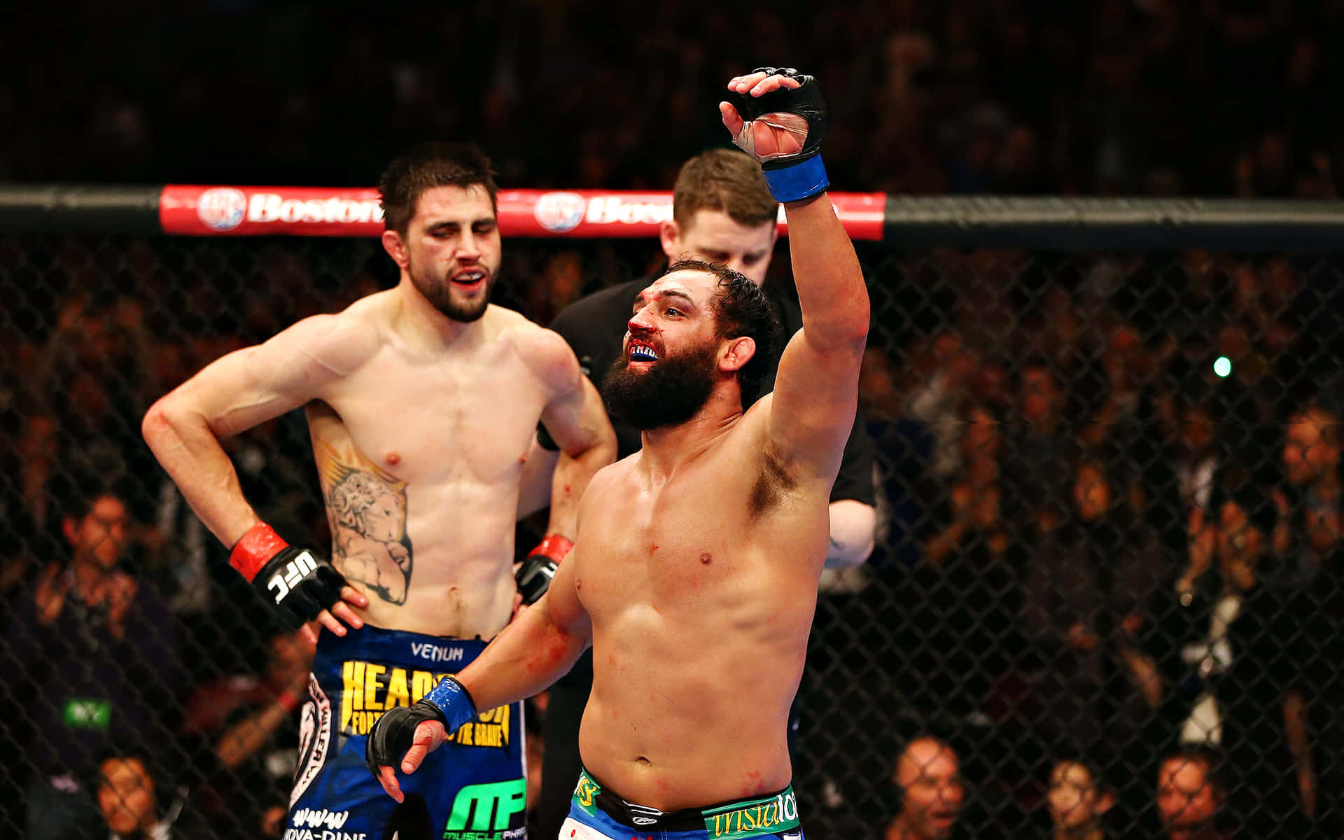 MMA拳手在八角籠內舉拳慶祝勝利。