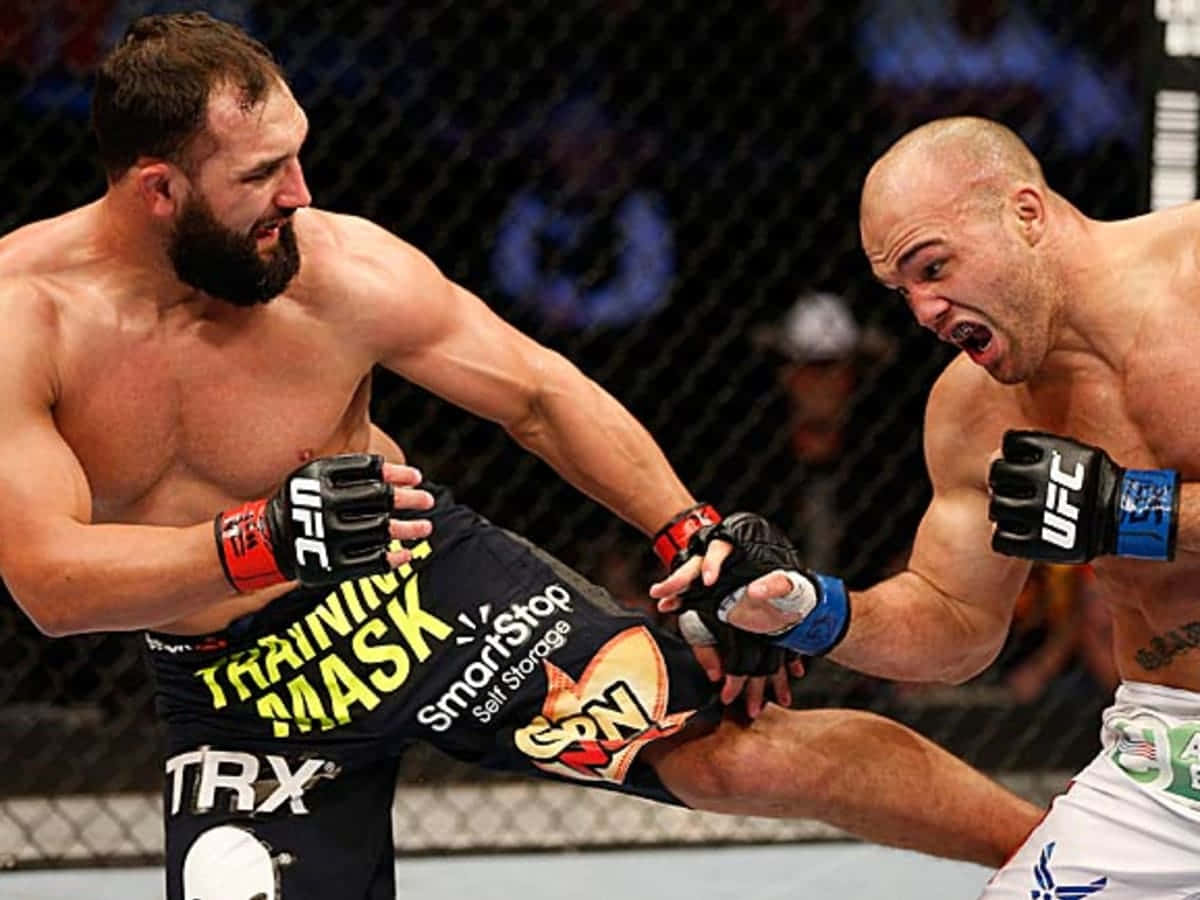 兩名MMA拳手在八角籠內交換高踢和格擋。