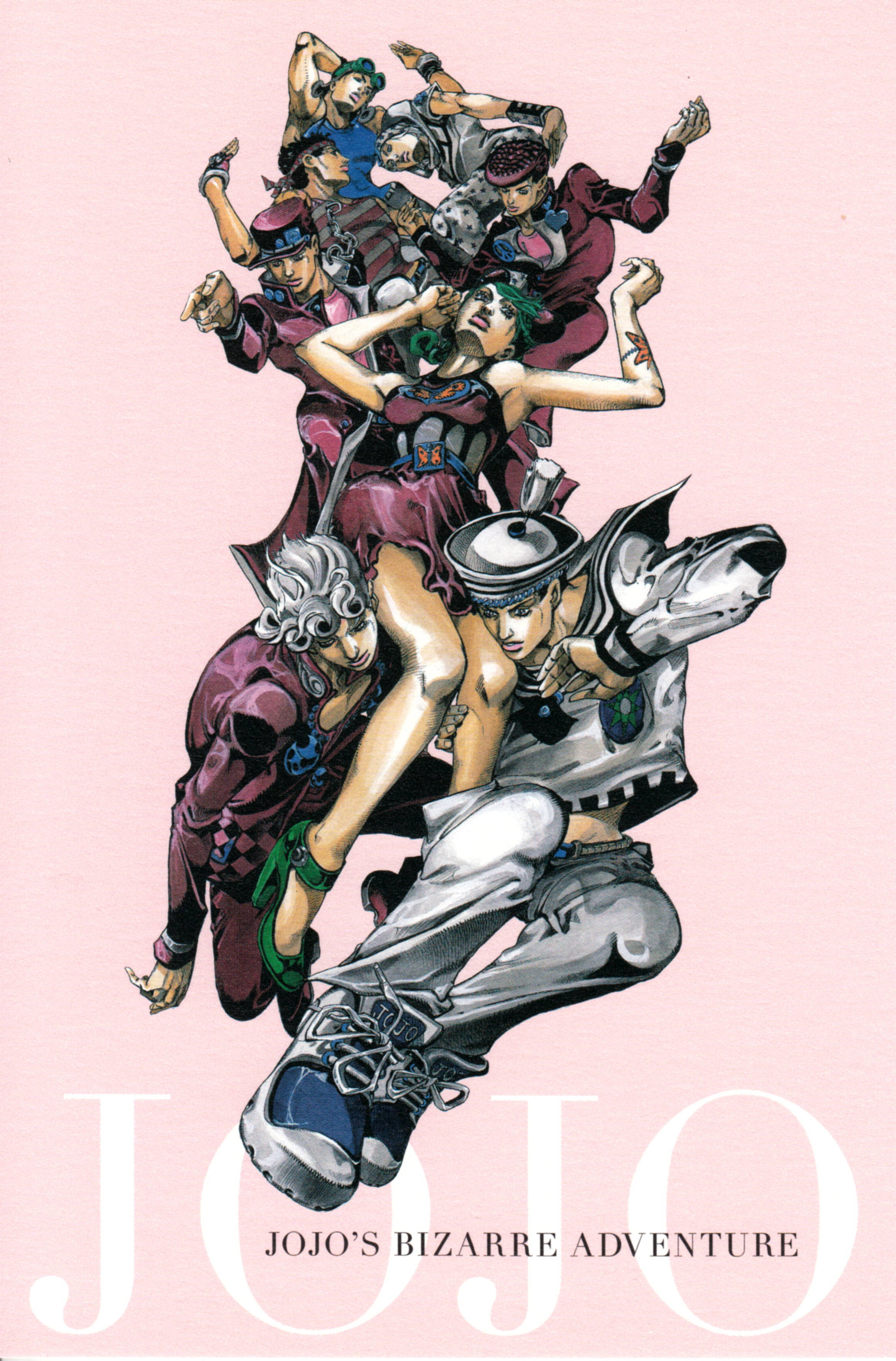 約翰尼·喬斯達家族 壁紙 — 來自《JoJo的奇妙冒險》的動態動漫角色在柔和的粉紅色背景上充滿活力地擺出姿勢。