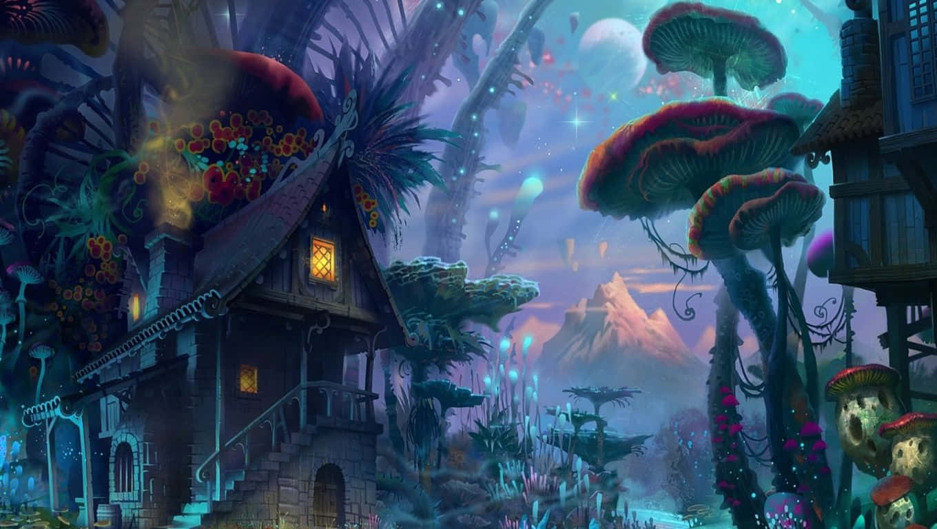 奇幻村莊，有發光蘑菇和漂浮光球，暮色天空。