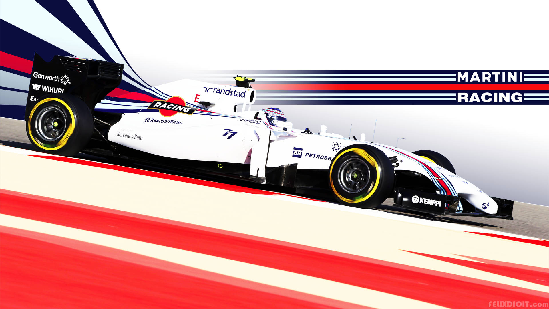 白色一級方程式賽車帶有Martini Racing塗裝在紅色賽道上疾馳。