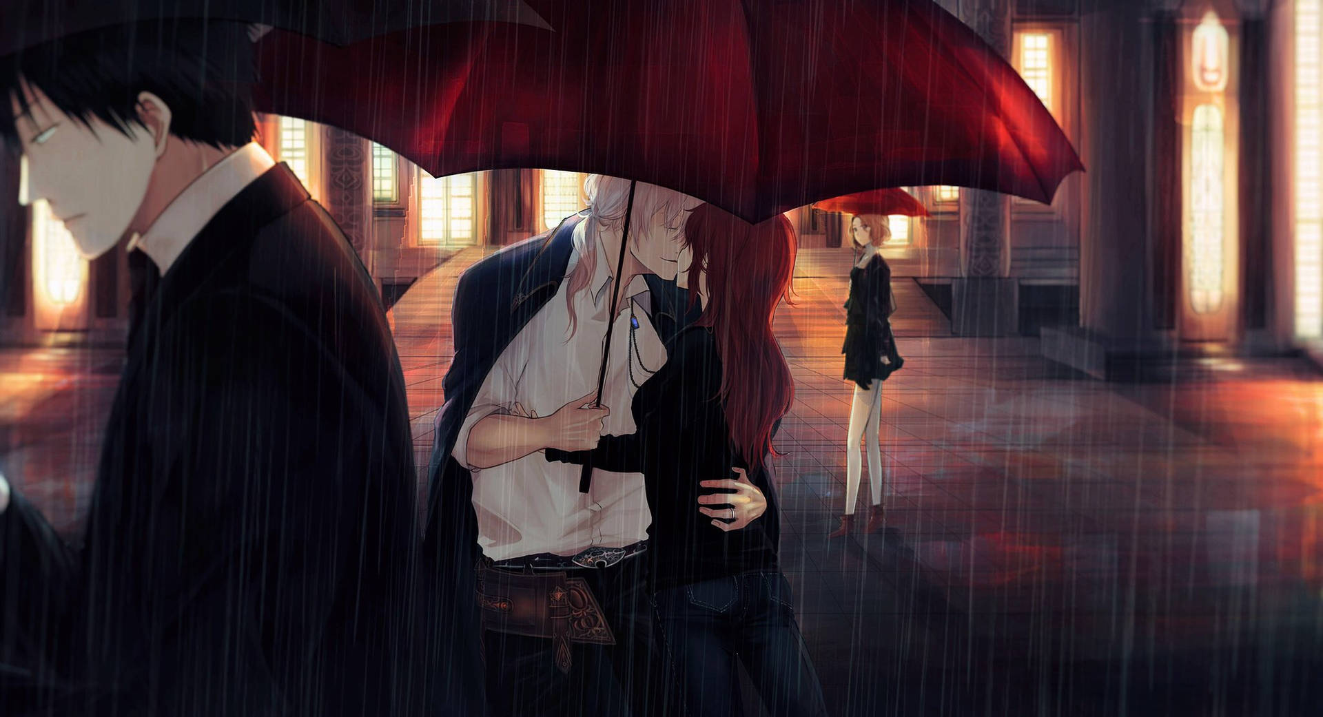 兩個動漫角色在雨中的大廳裡，於紅色雨傘下接吻，被第三個角色注視著。
