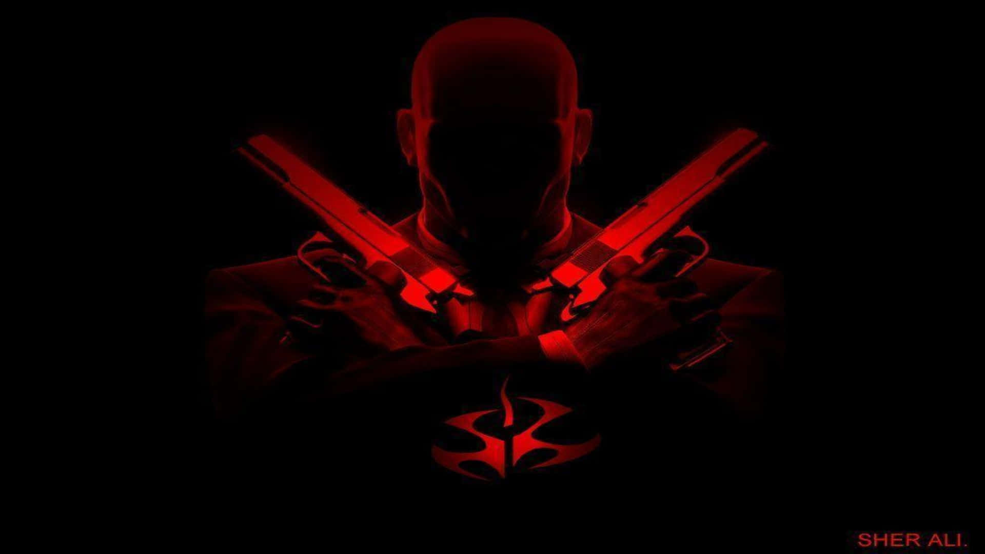 紅光下持械特工47 — 高清《Hitman 2》背景 壁紙 — 一個禿頭人物的剪影，手持兩把交叉的紅色槍枝，背景為黑色，帶有發光的紅色標誌。