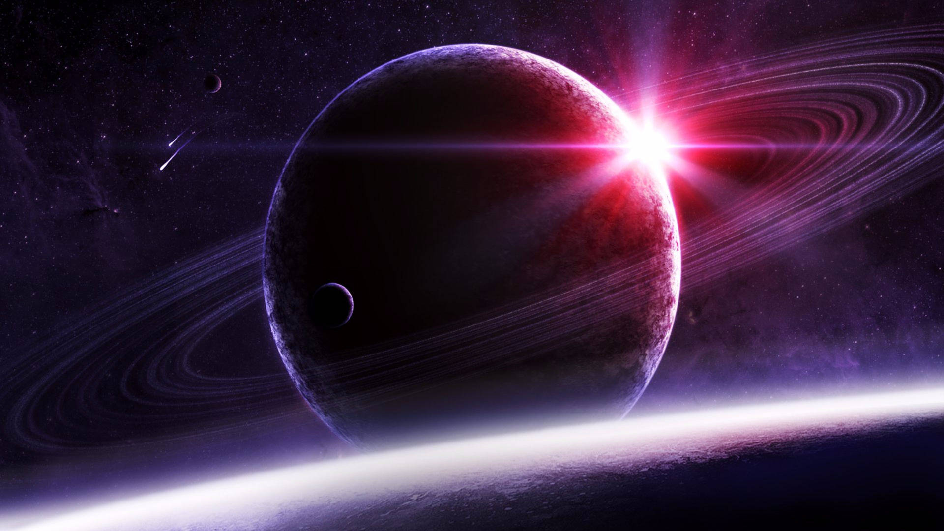 一顆帶有發光環的黑暗行星，在深空中繞著一顆明亮的紅色恆星運行。