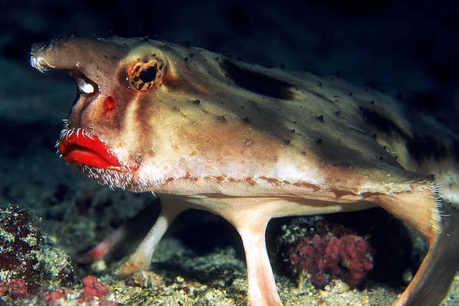 一條擁有紅色嘴巴和米色身體的躄魚在沙質海底。