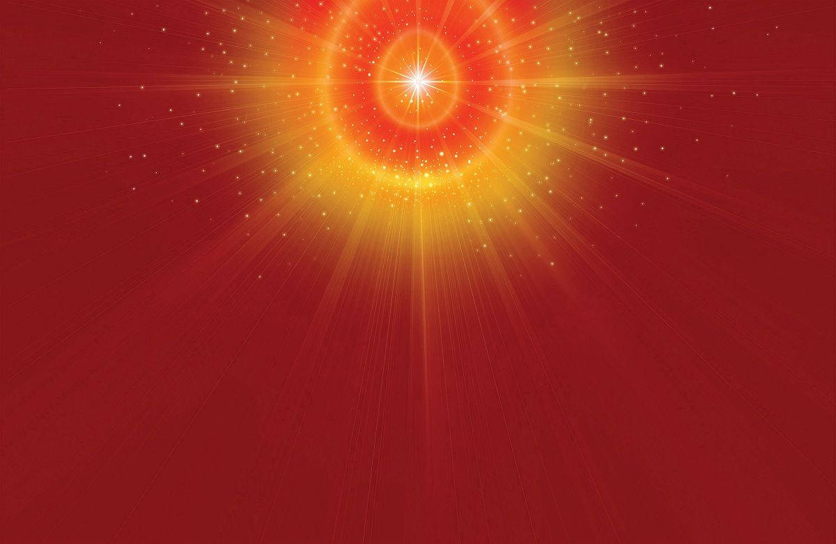 發光的太陽爆發在深紅背景上散發出金色光芒，伴有閃爍的粒子。