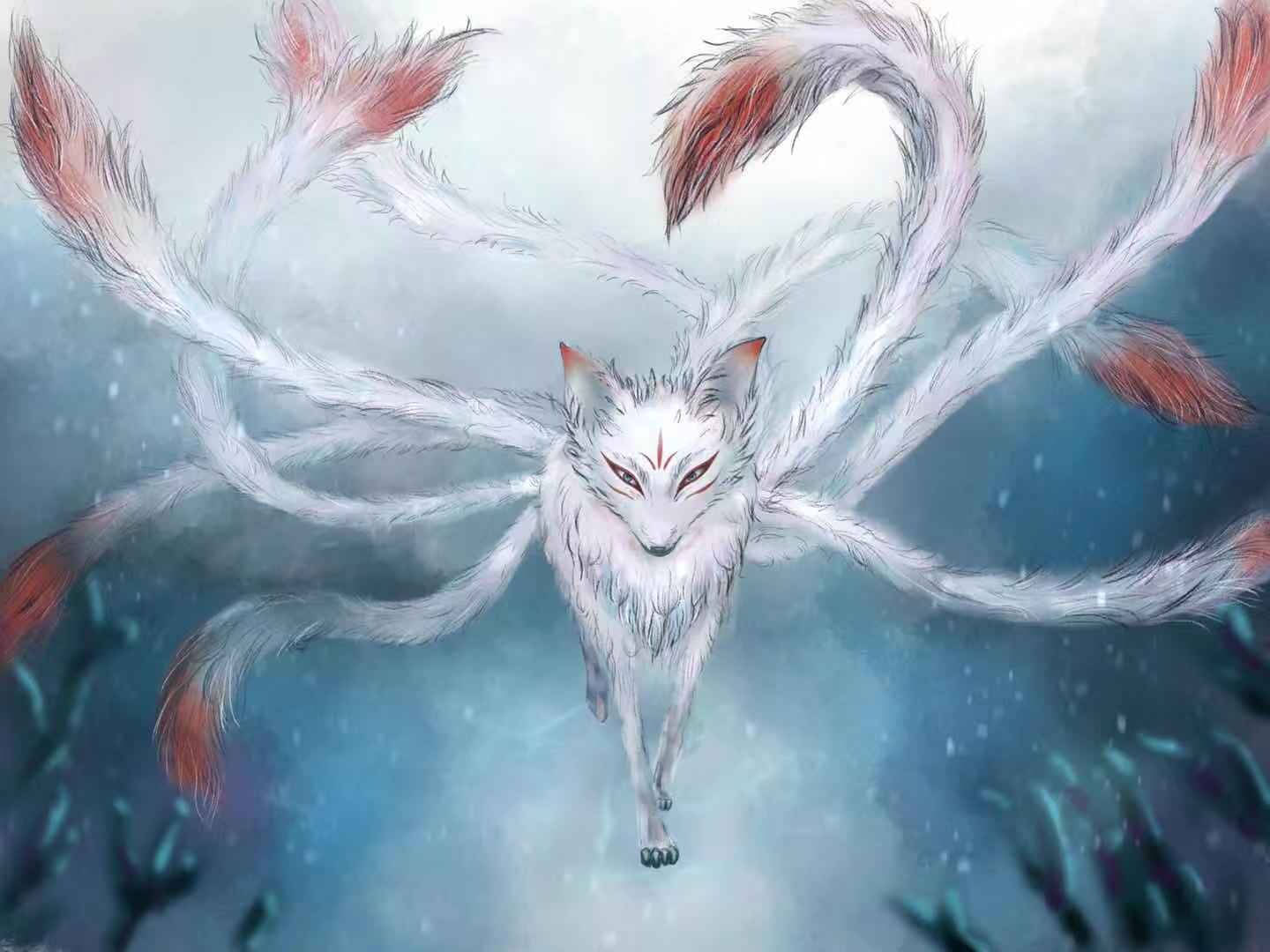 一隻九尾白狐，尖端紅色，在雪白的神秘場景中滑翔。