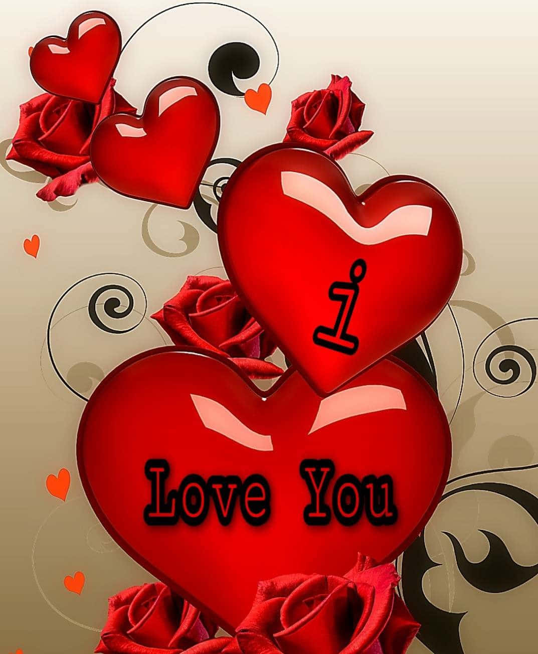 紅色心形和玫瑰，帶有「I Love You」文字，在米色漩渦背景上。