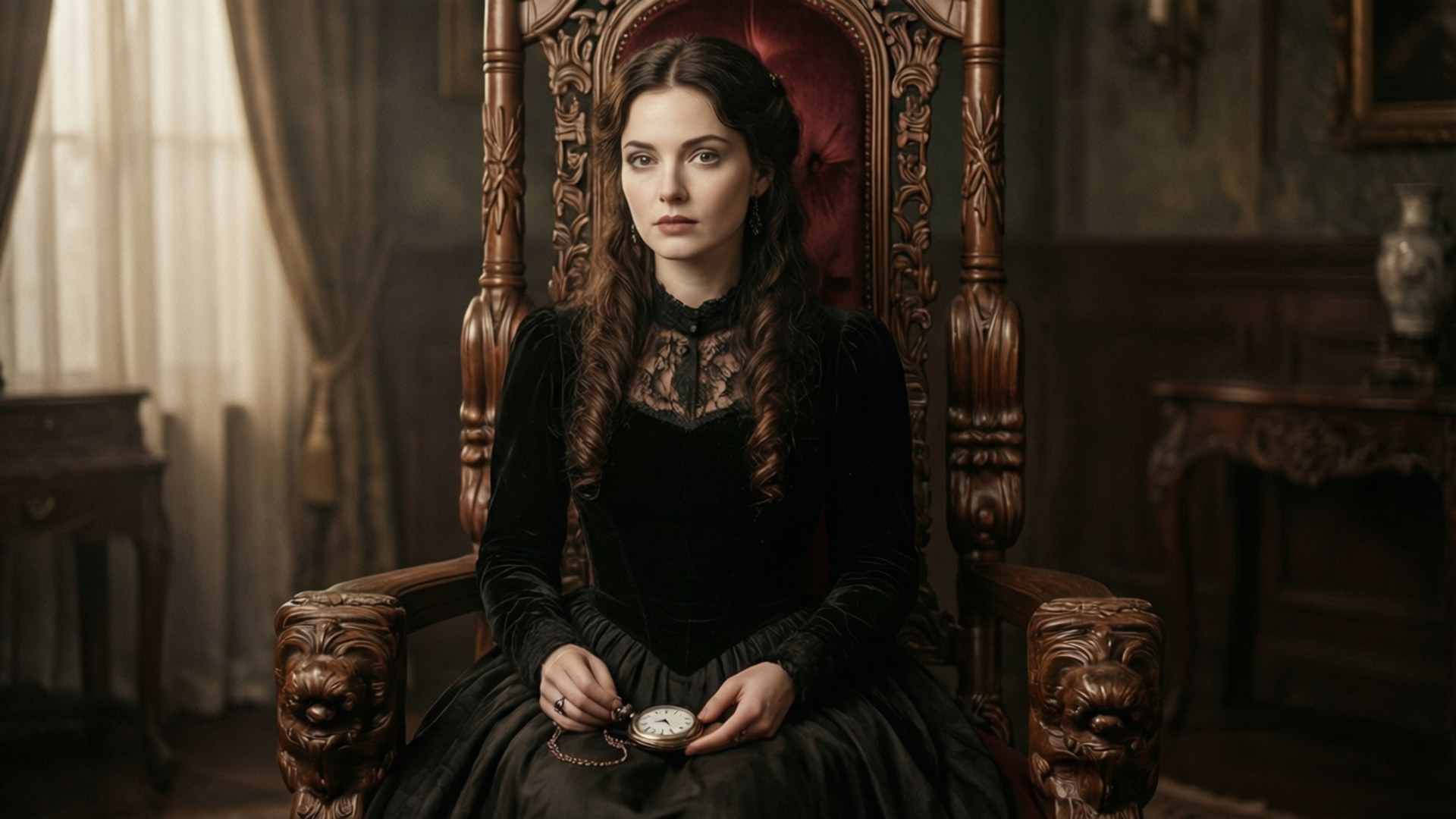 紅心女王登 throne 壁紙 — 一位身穿黑色蕾絲連衣裙的女性端莊地坐在華麗的木製王座椅上，在昏暗的復古房間裡拿著懷錶。