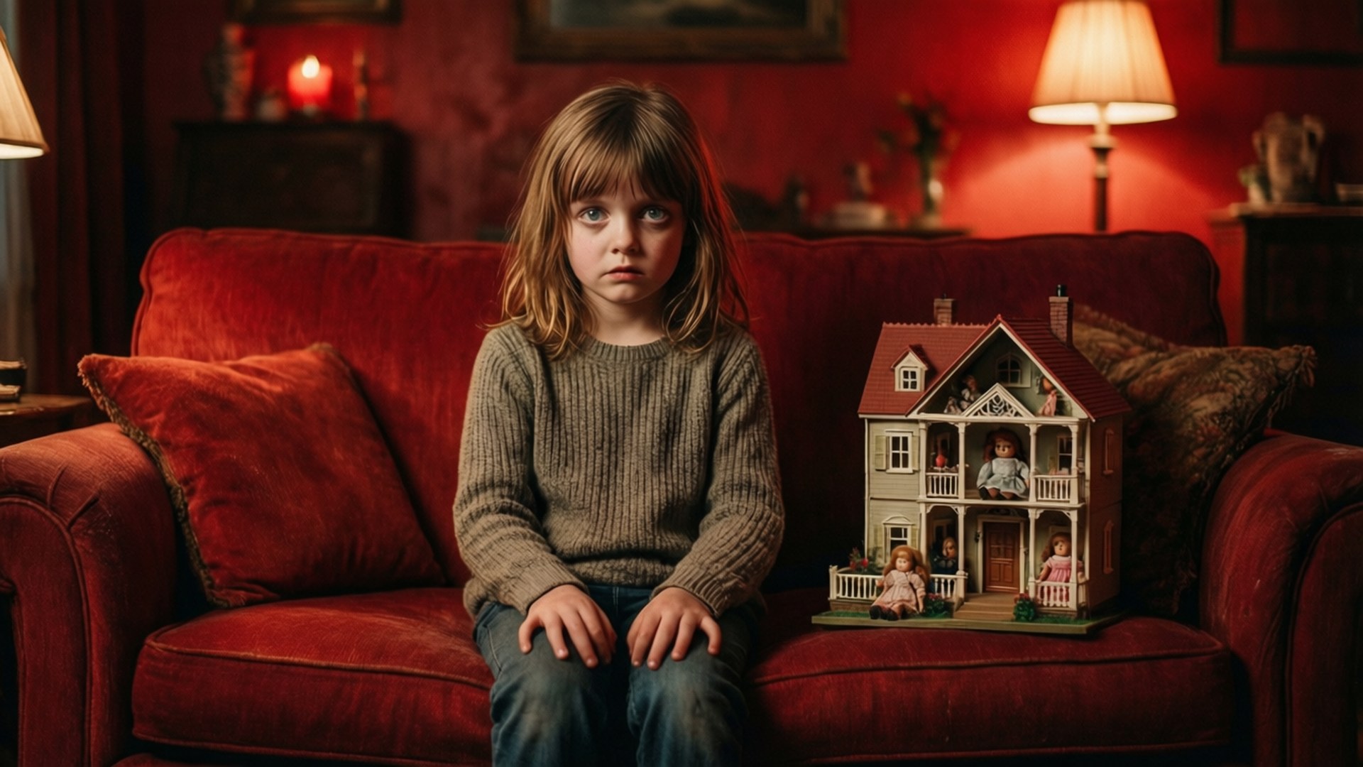 一個孩子坐在紅色沙發上，旁邊是一個裡面有小人物的娃娃屋。