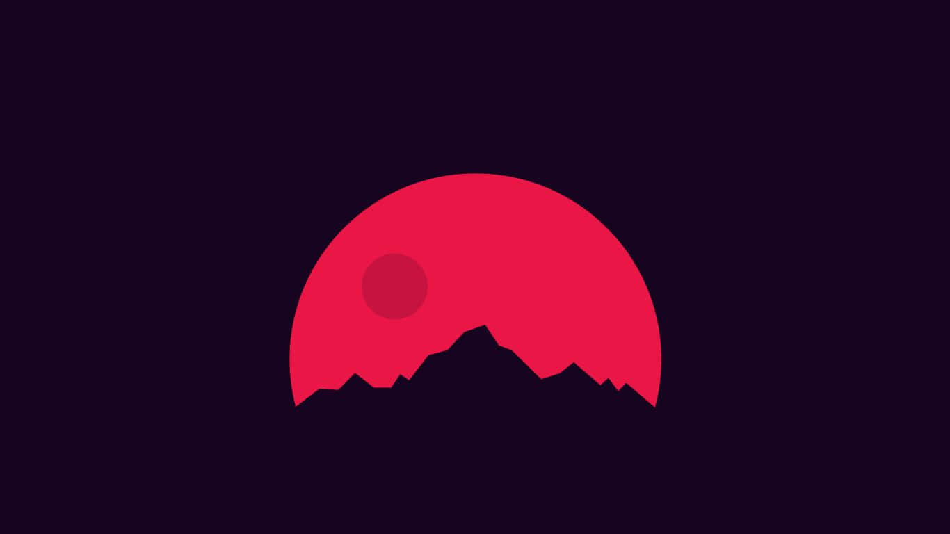 紅月1366x768顯示器背景 壁紙 — 一輪極簡的紅日落於鋸齒狀山脈剪影之後，背景是深紫色的天空。