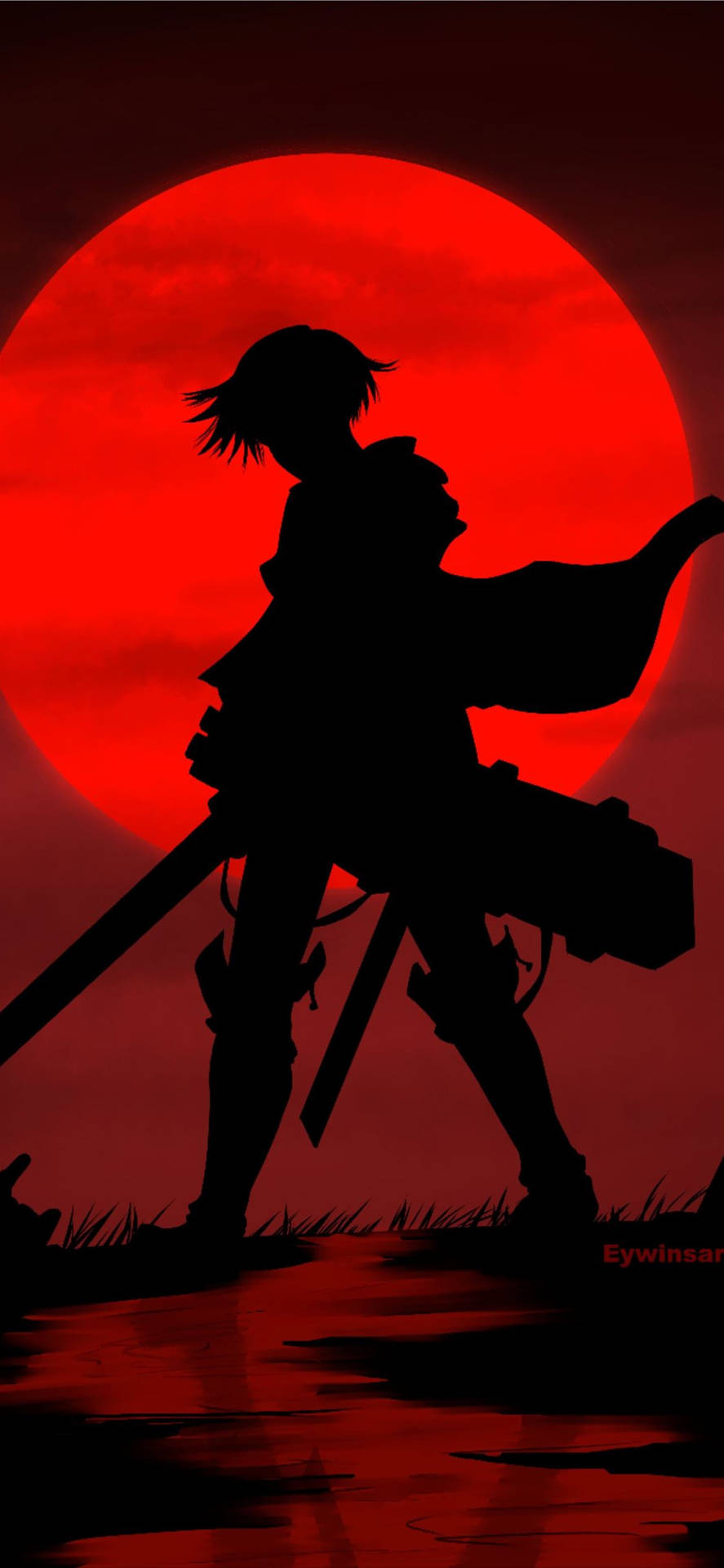 動漫戰士剪影手持雙劍，背景是血紅色的夕陽天空。