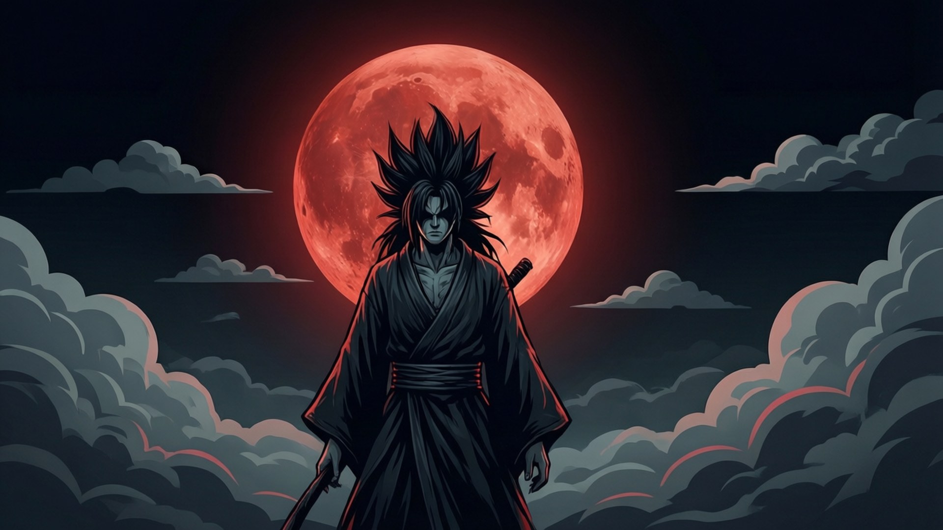紅月與暴風雲下的武士戰士