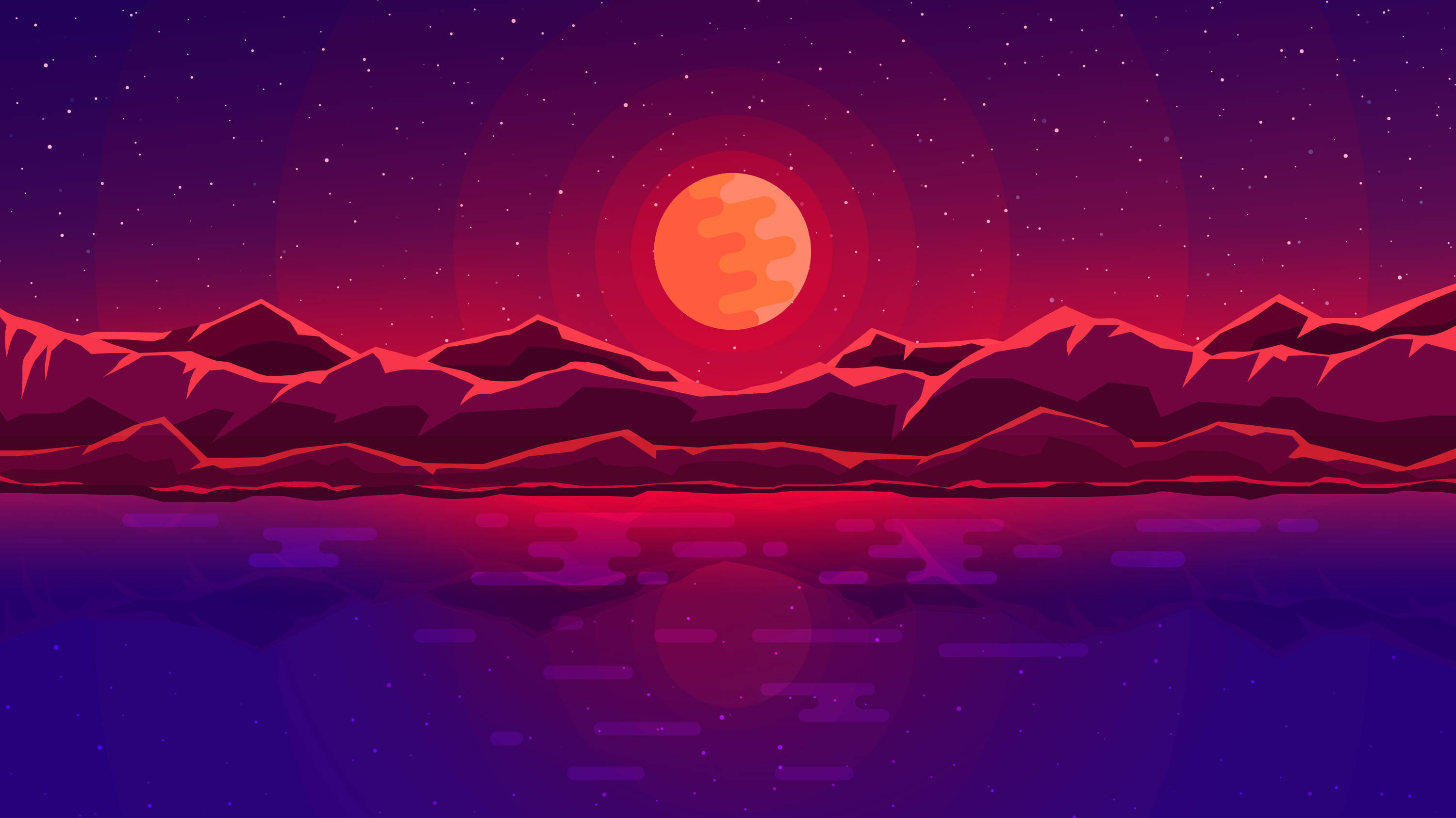 紅月向量藝術 壁紙 — 在發光的橙色太陽下，風格化的山脈倒映在星空下平靜的紫色湖泊中。
