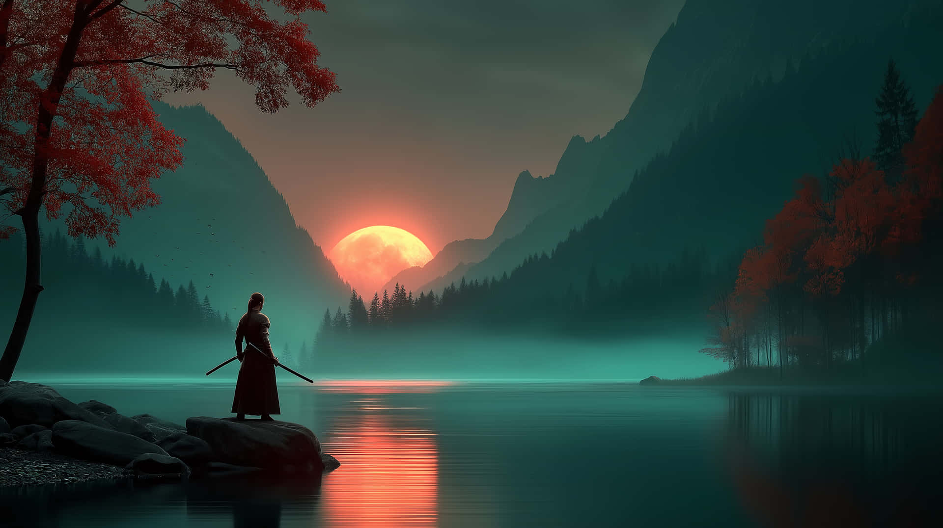 武士戰士站在湖邊岩石上，觀看橙色夕陽越過霧氣山脈