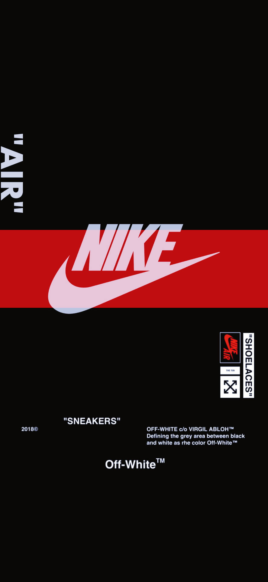 Nike和Off-White合作運動鞋品牌設計，黑色背景上帶有紅色條紋和白色文字。
