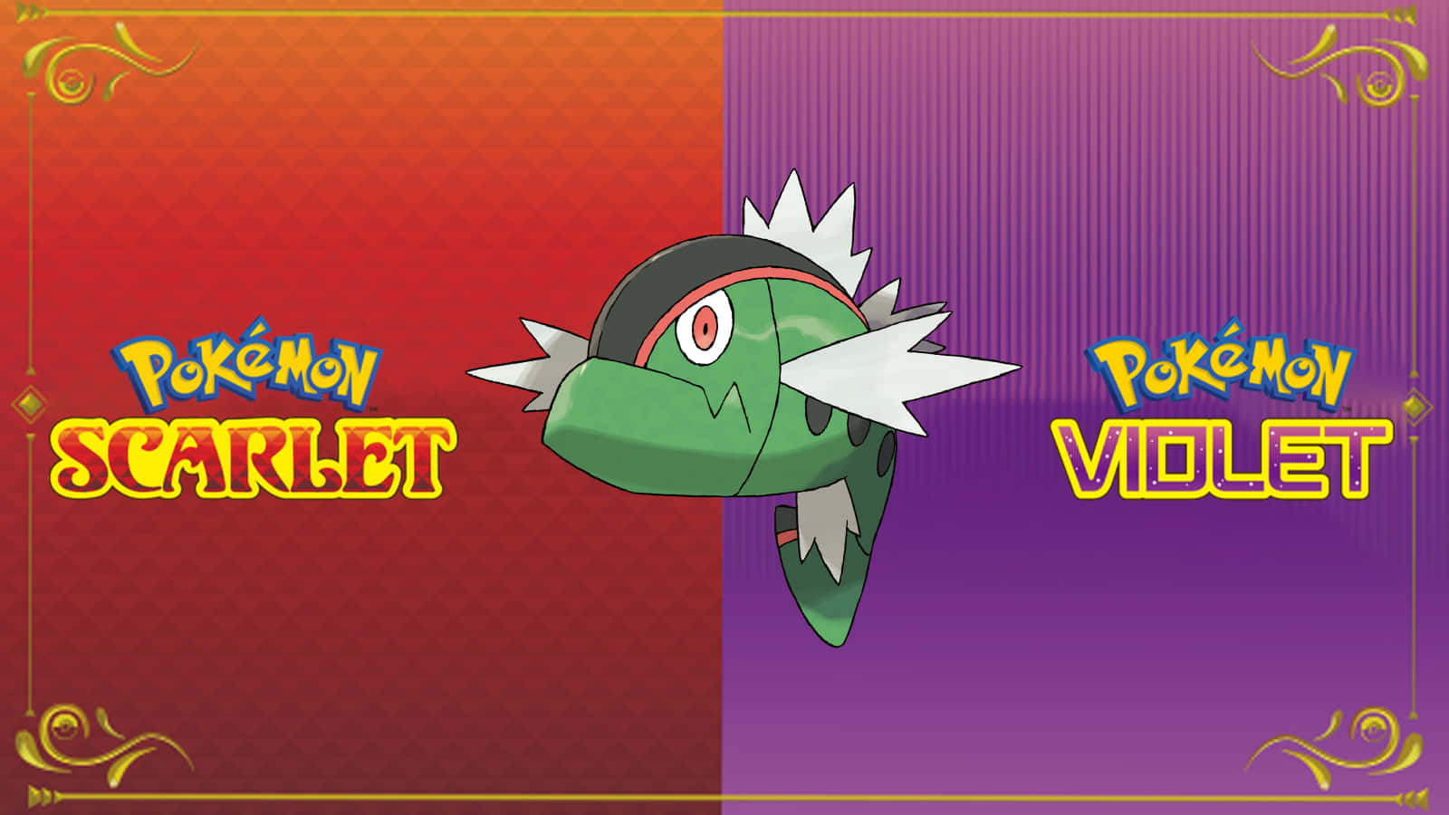 Pokémon Scarlet 和 Violet 遊戲標誌，中間有一隻綠色 Pokémon。
