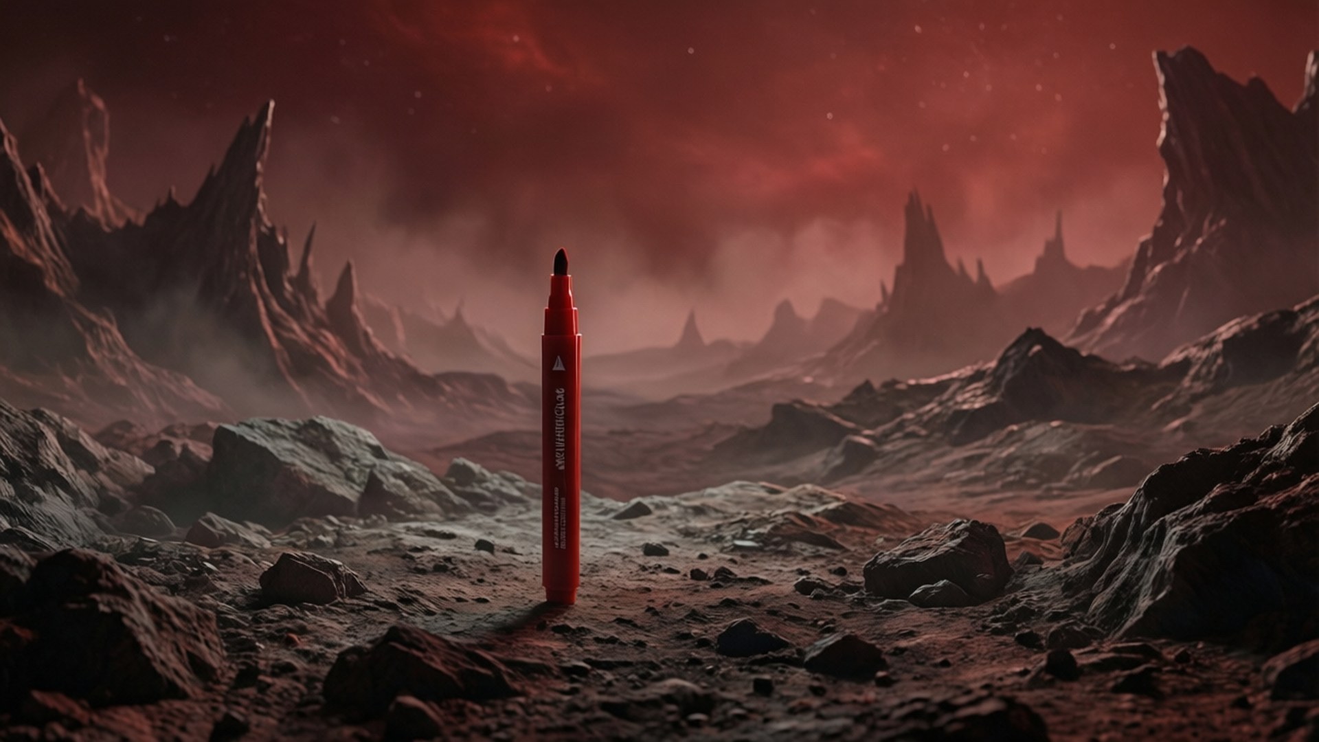 一個紅色標記喺荒蕪外星行星上，紅色天空同鋸齒狀山脈