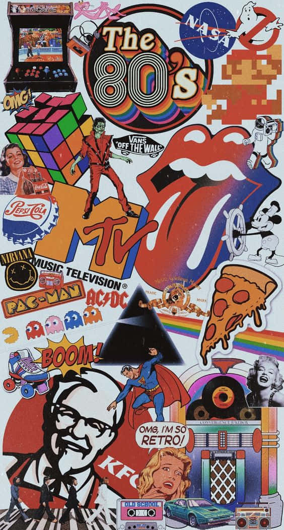 一幅色彩繽紛的1980年代復古拼貼畫， featuring 流行文化圖標如MTV、食鬼和薄餅。