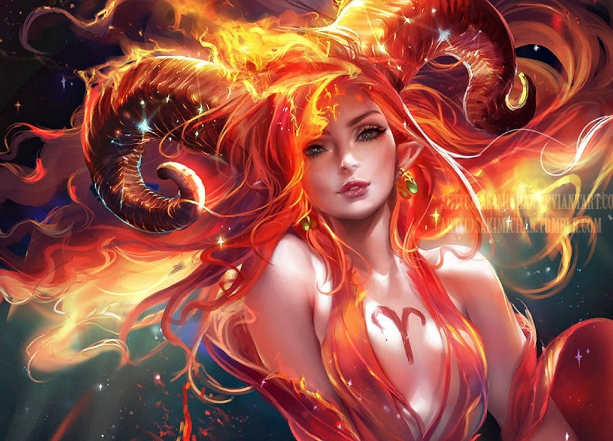 紅橙色調白羊座美學女性藝術 壁紙 — 一位火紅頭髮的女子，頭上有公羊角及星座符號，在宇宙星空背景下發光。