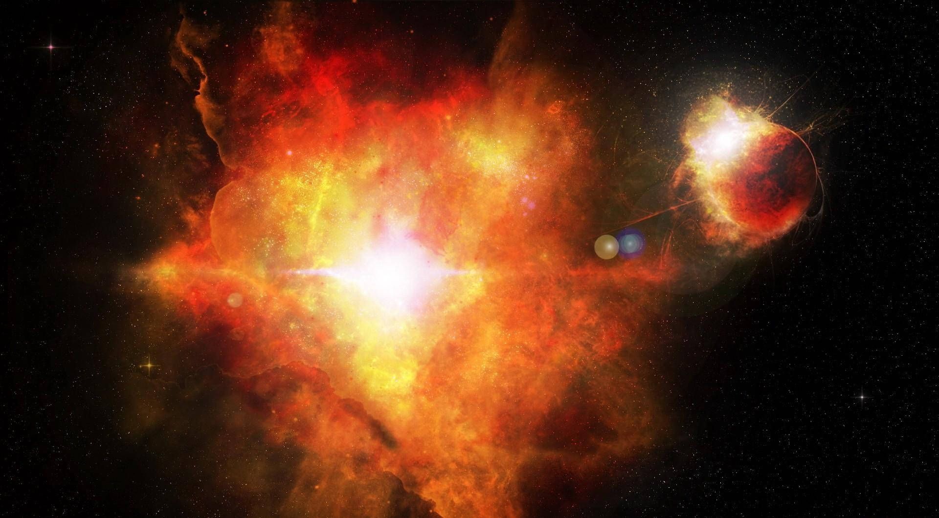 紅橙黃色星雲 壁紙 — 一場充滿活力的宇宙爆炸，在佈滿星星的黑色虛空中散發出熾熱的橙色和黃色光芒，並伴隨著發光的星雲和遙遠的行星。