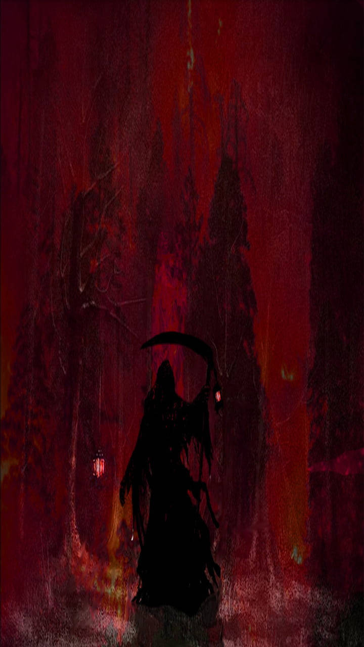 紅死病死神 壁紙 — 一個手持鐮刀的死神黑色剪影在夜晚穿過血紅色的森林。